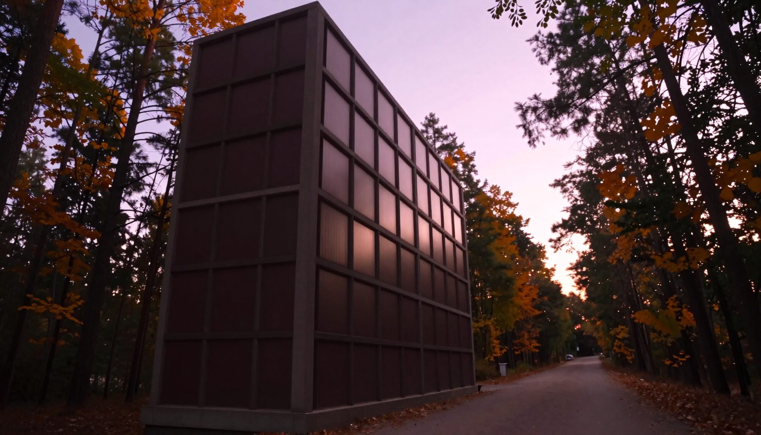 An imposing rectangular building stands under a colorful autumn sky, surrounded by trees.