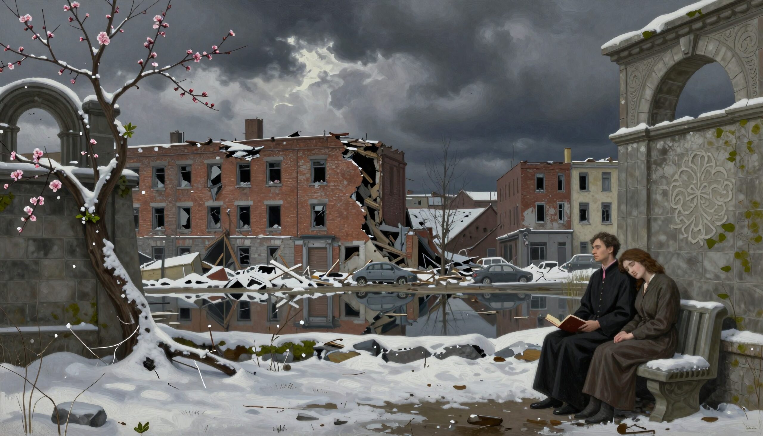 A man in robes reads a book beside a woman on a bench amidst snowy ruins and blooming branches.