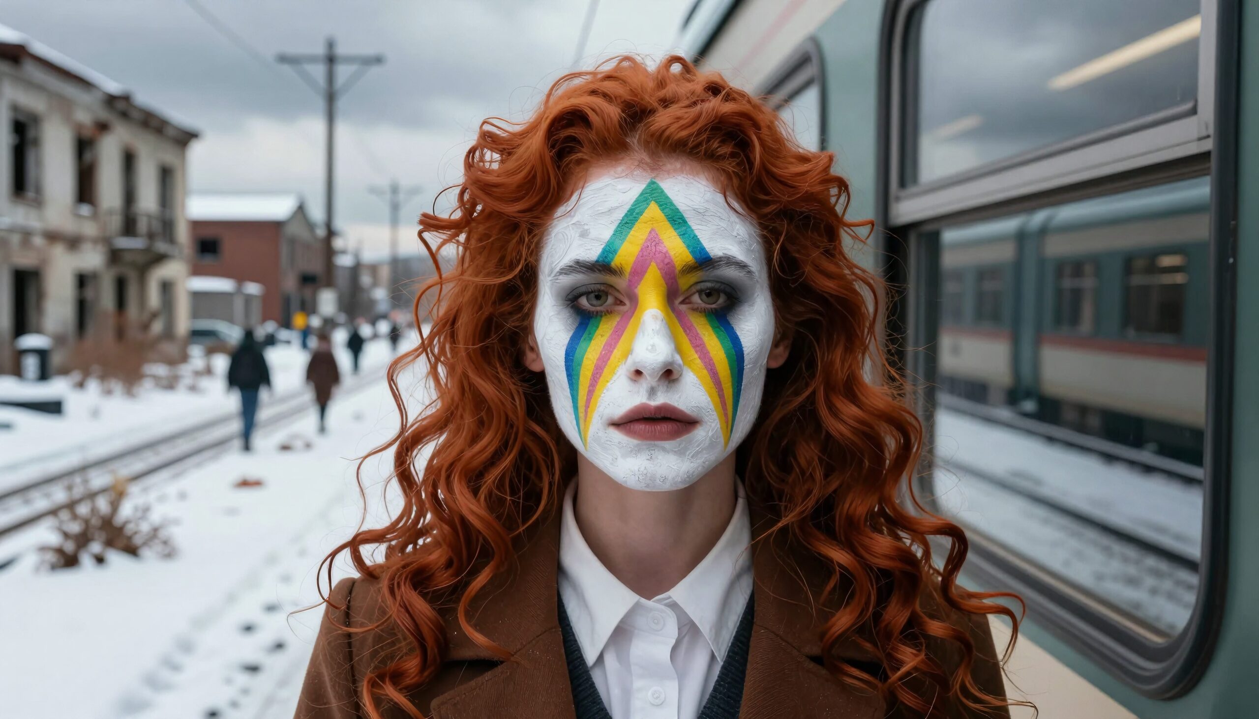 A woman with red hair and colorful face paint stands in front of a snowy train station on an overcast day.