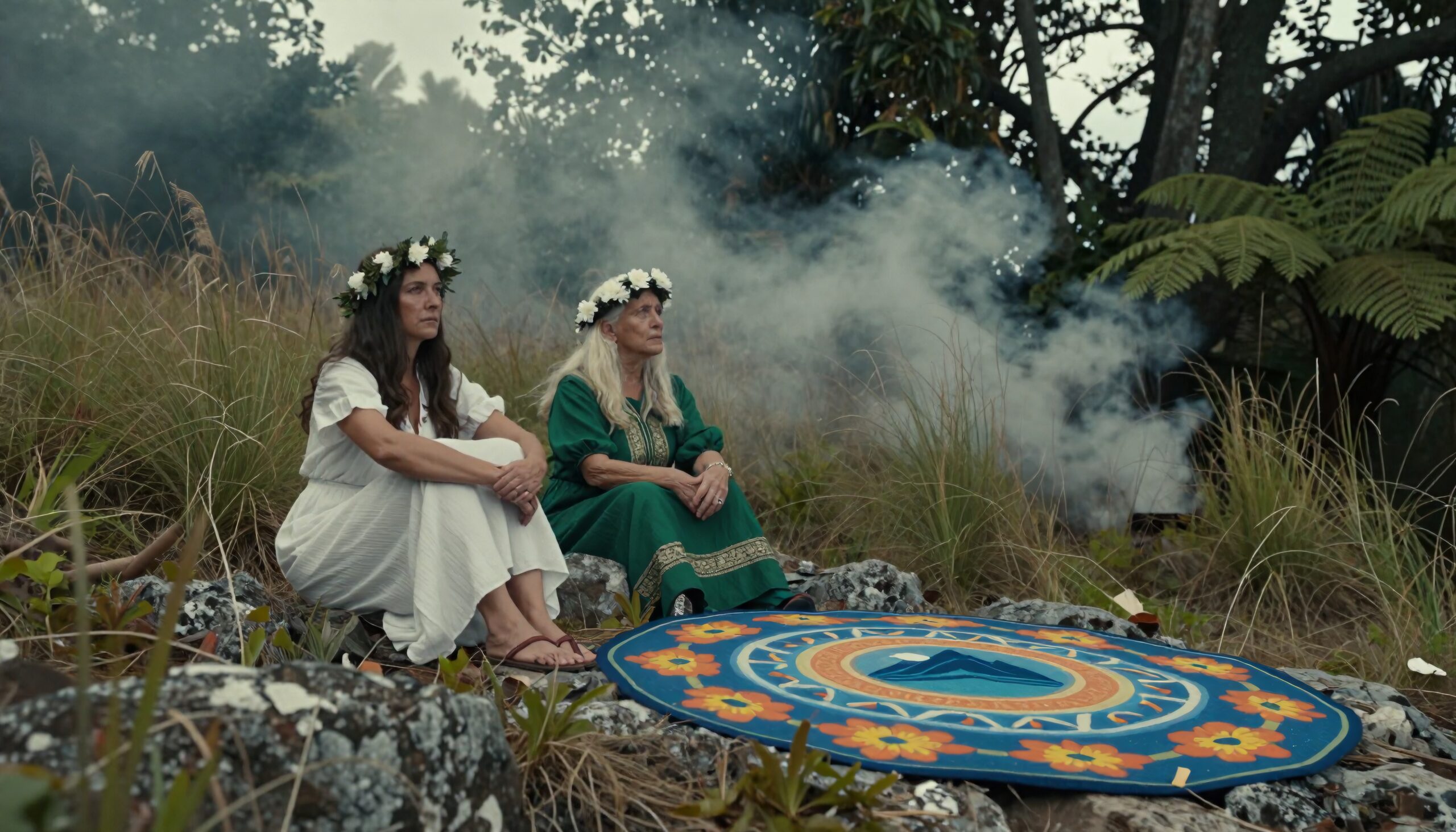 Two women sit amidst greenery wearing flower crowns, surrounded by smoke, on rocks with a vibrant mat in the foreground.