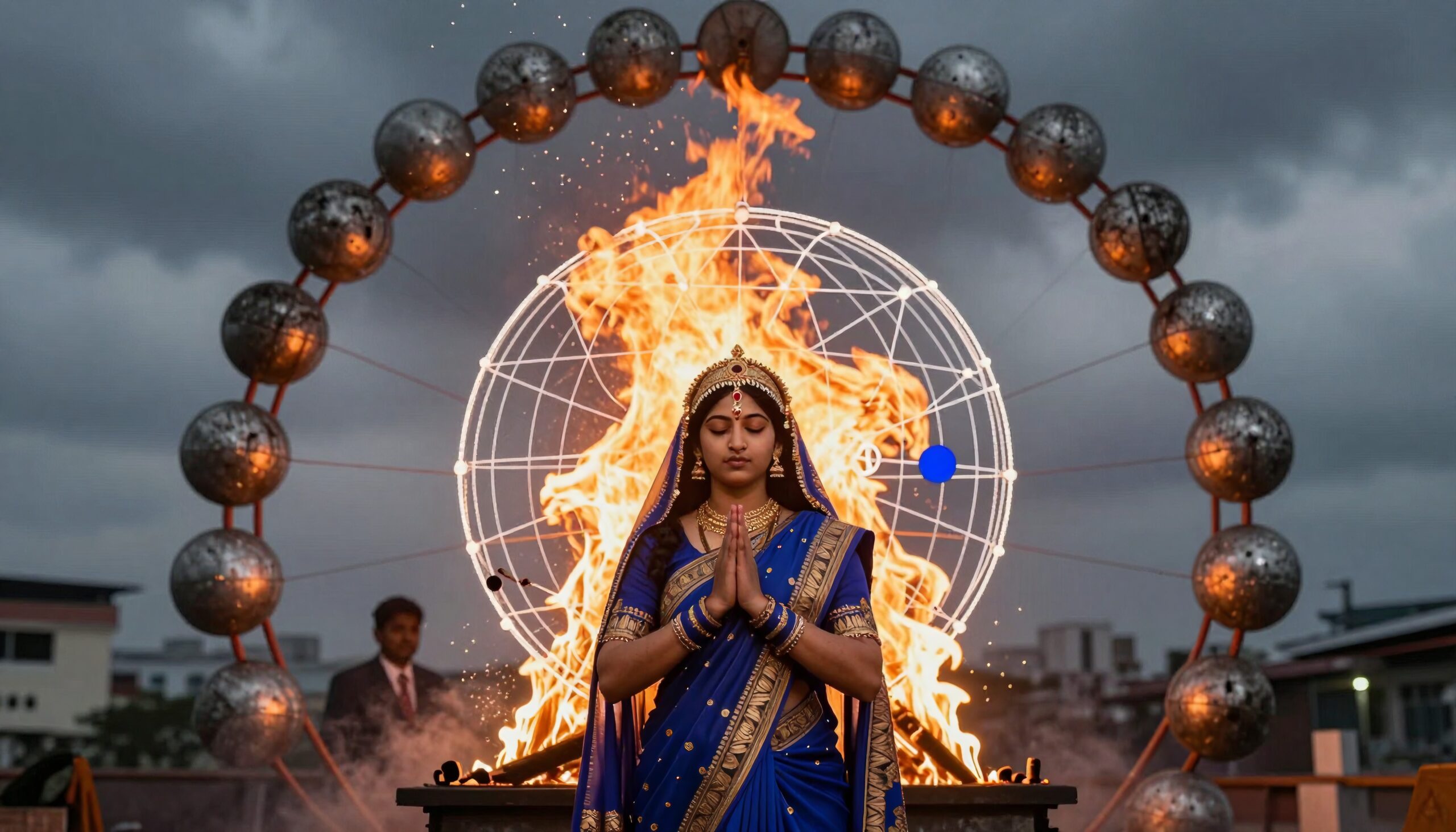 A woman meditates in traditional dress against a backdrop of flames and metallic spheres, symbolizing spirituality and mysticism.