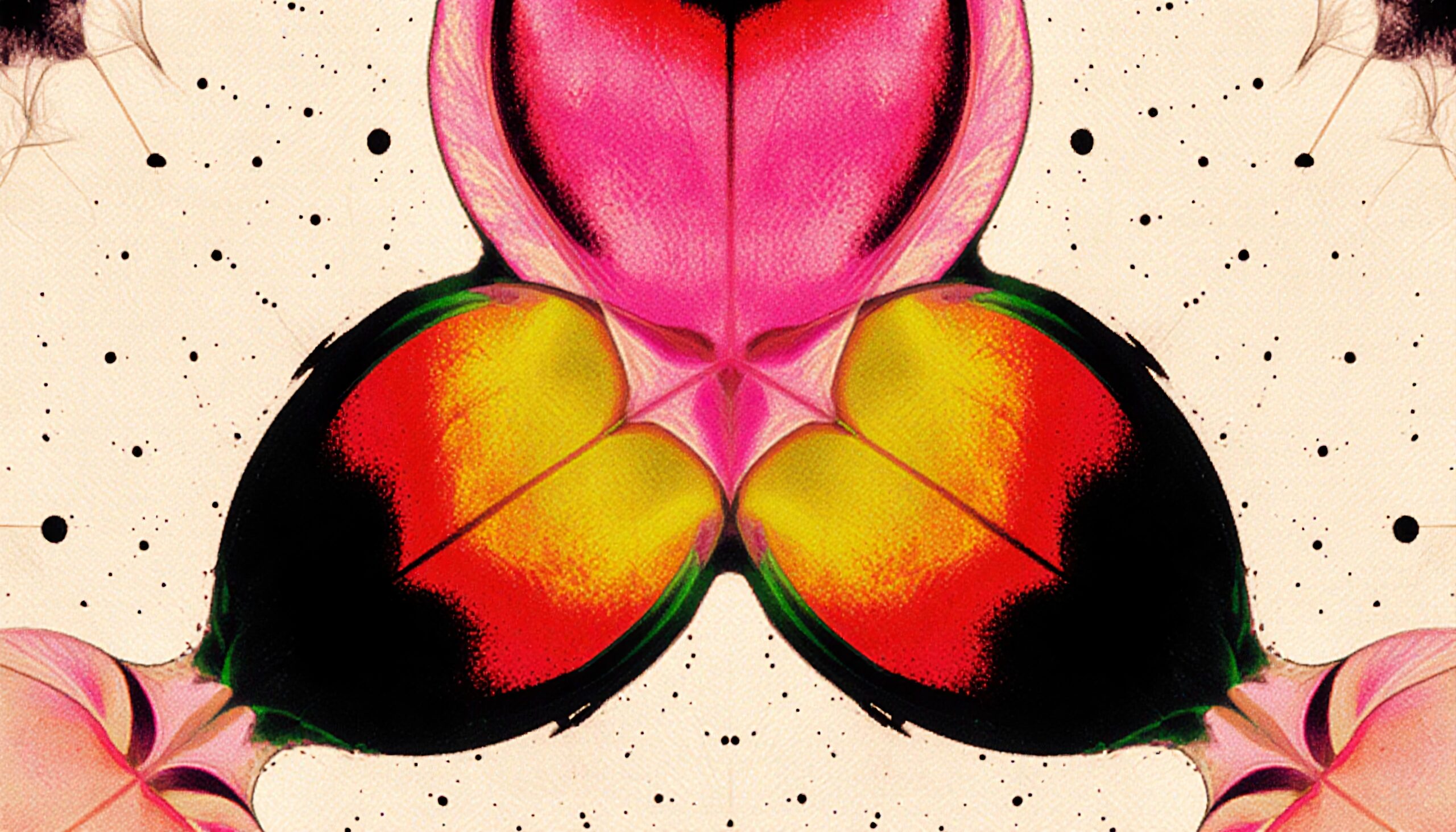 A colorful abstract design with a symmetrical motif resembling a butterfly.