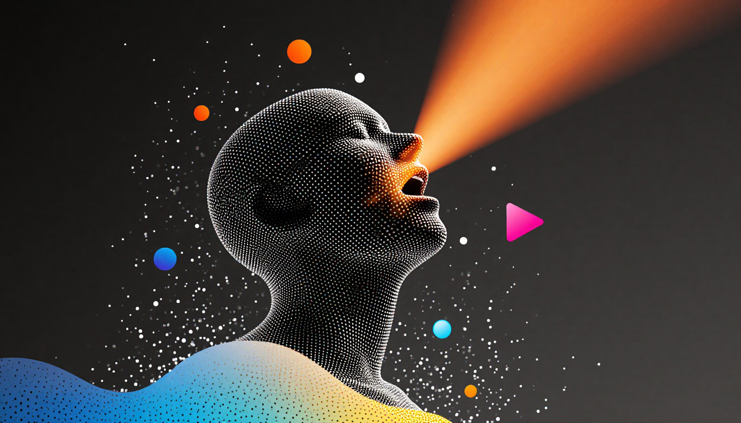 Stylized head with vibrant expression and futuristic design elements.