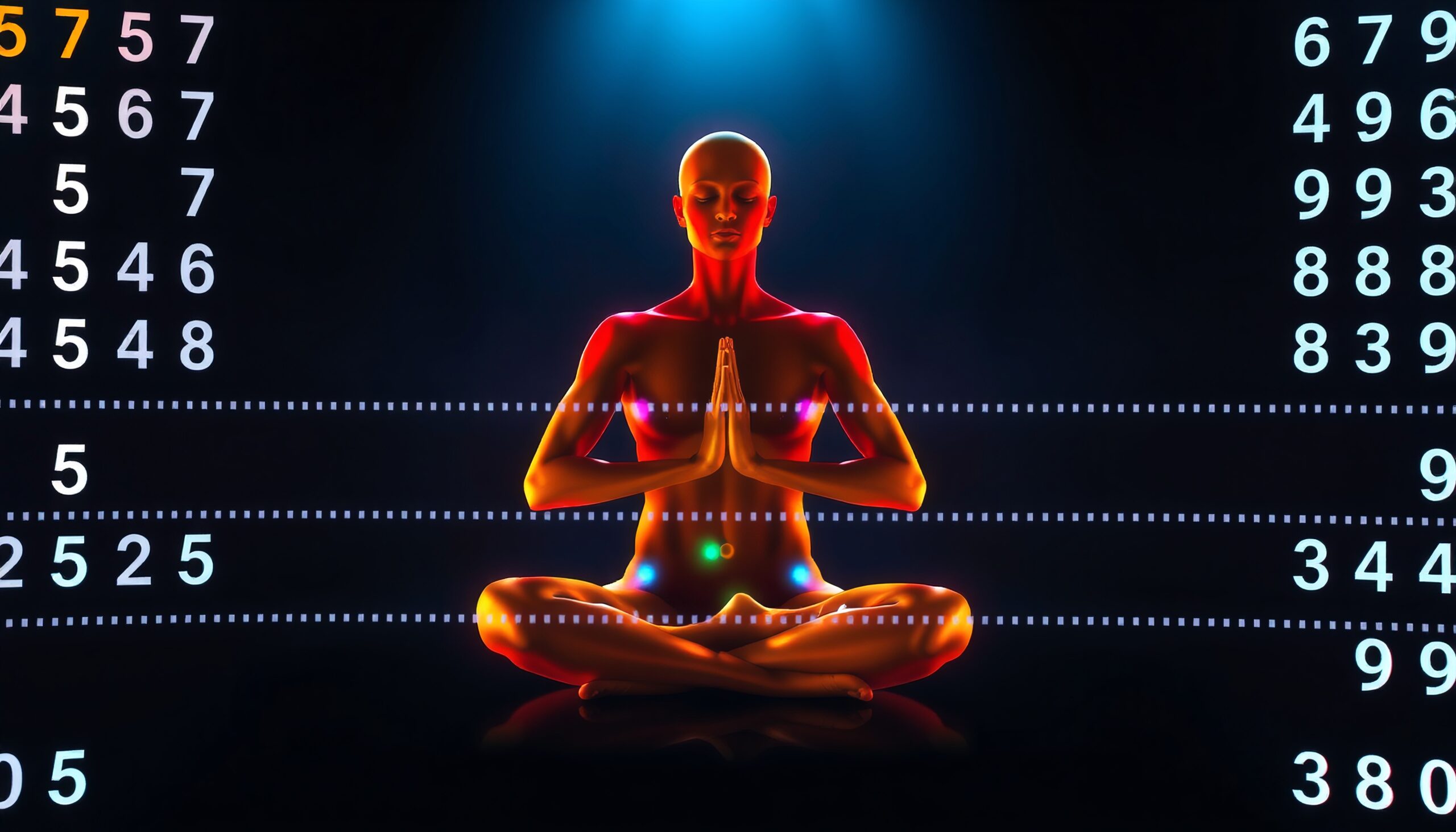 A meditating figure with glowing chakras amidst digital numbers on a dark background.