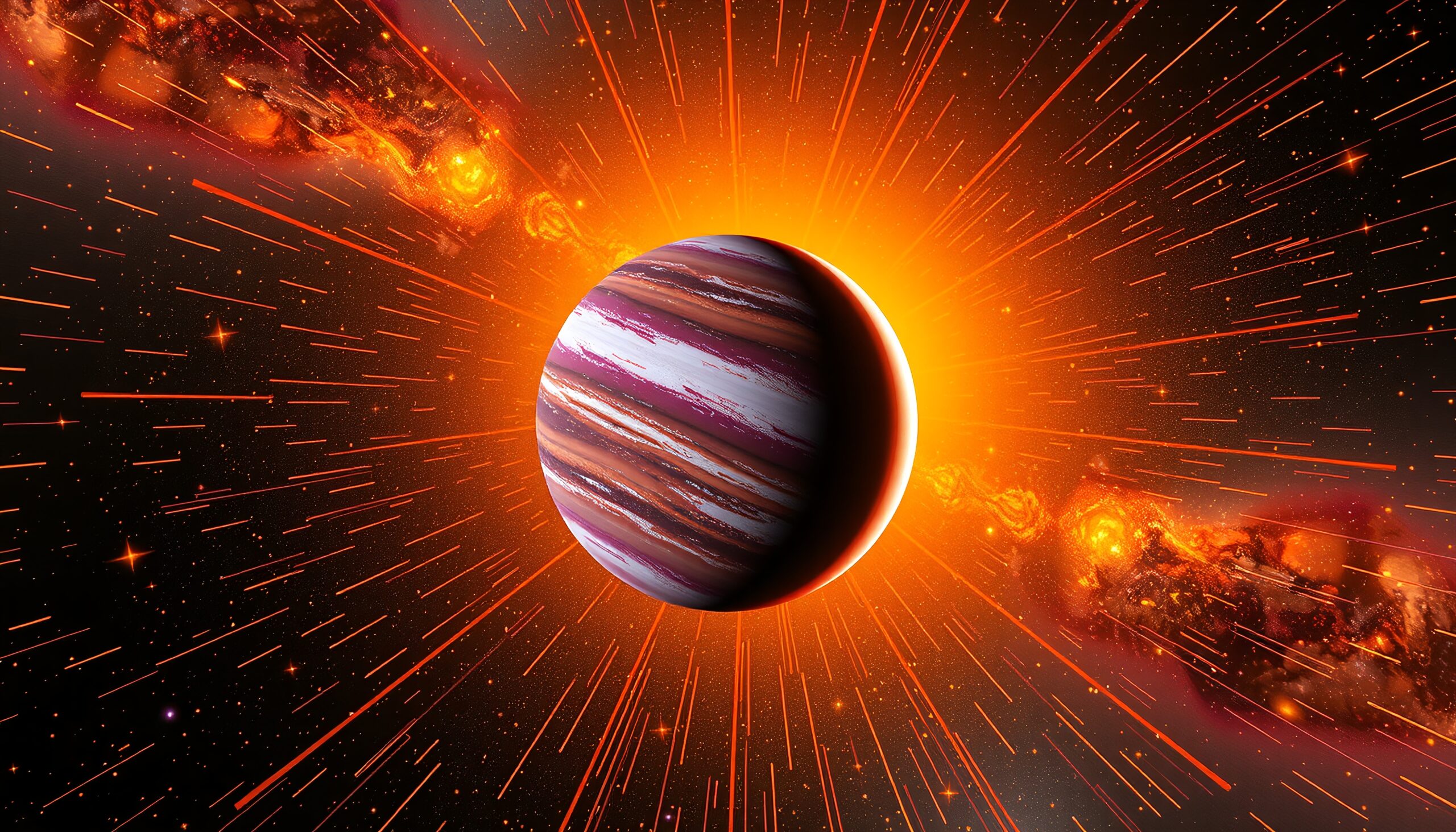 A vibrant gas giant planet with colorful bands in a glowing cosmic scene.