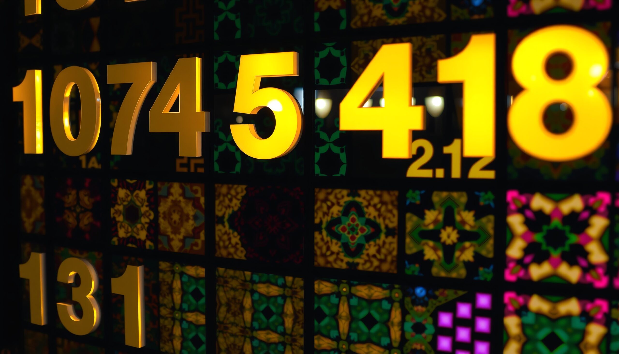 Bright yellow numbers on patterned background featuring intricate geometric designs and vibrant colors.