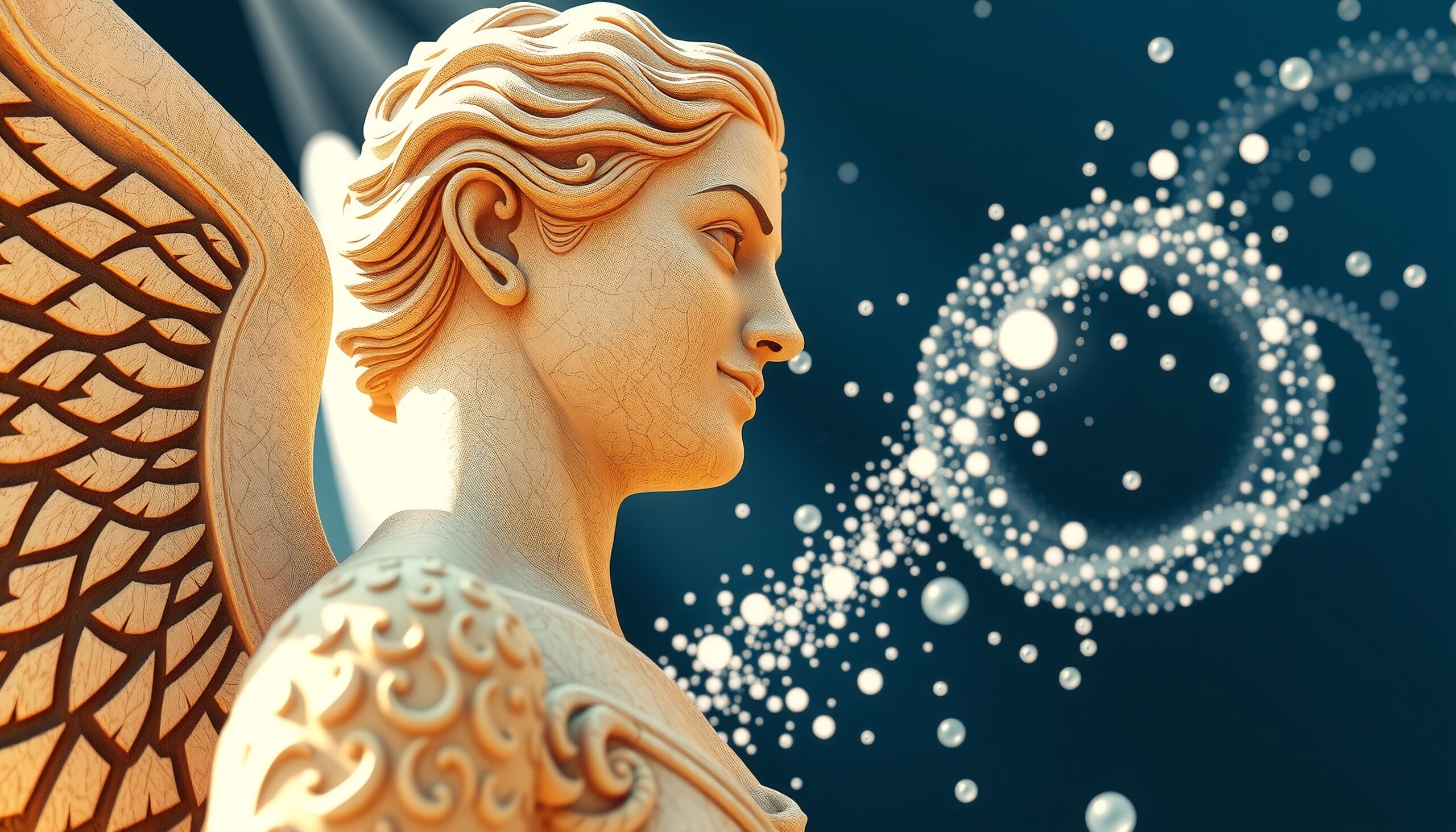 Elegant celestial statue with ornate patterns and light sparkles in a serene setting.