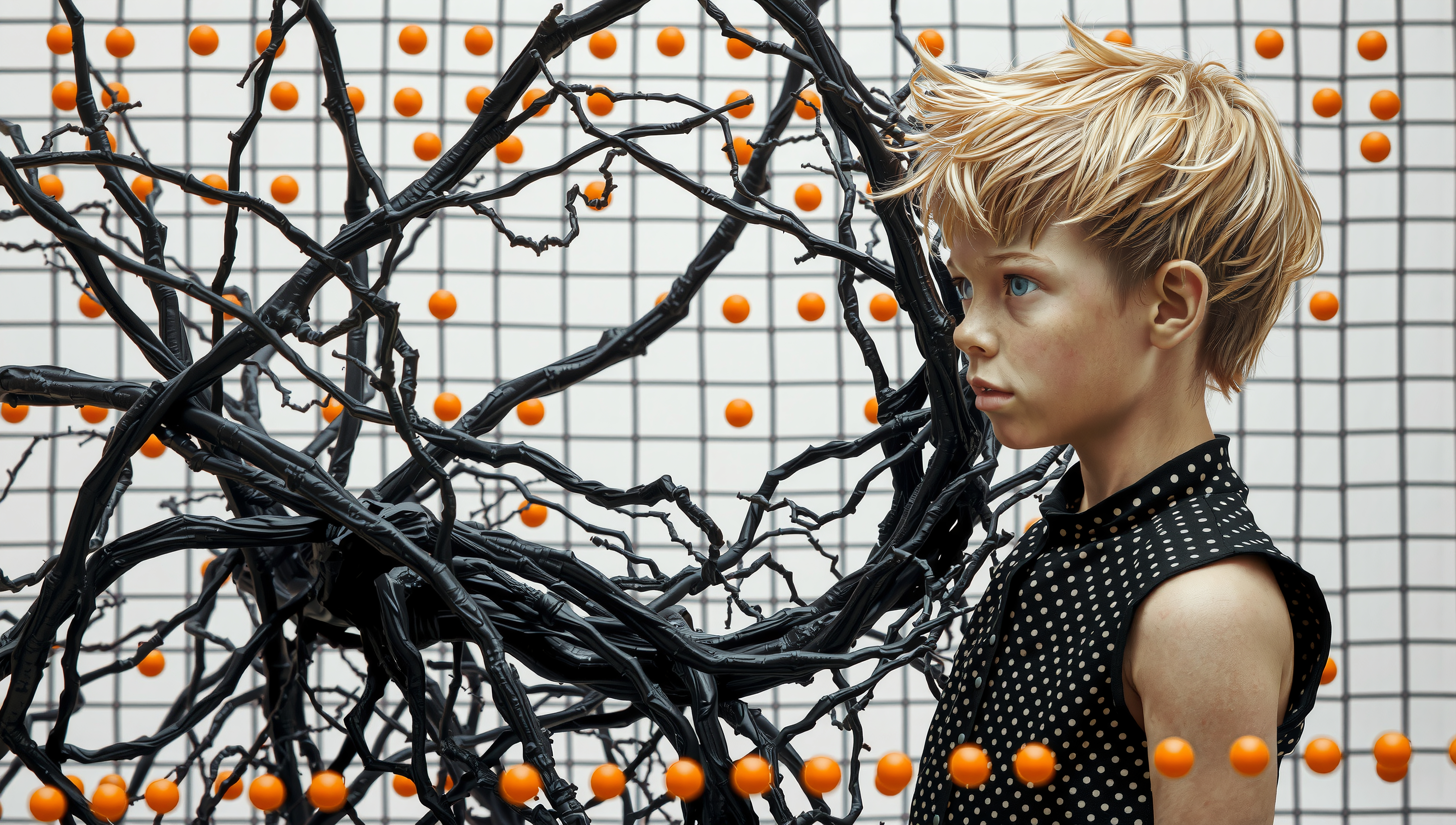 A young person stands beside tangled branches with orange spheres and a grid background.