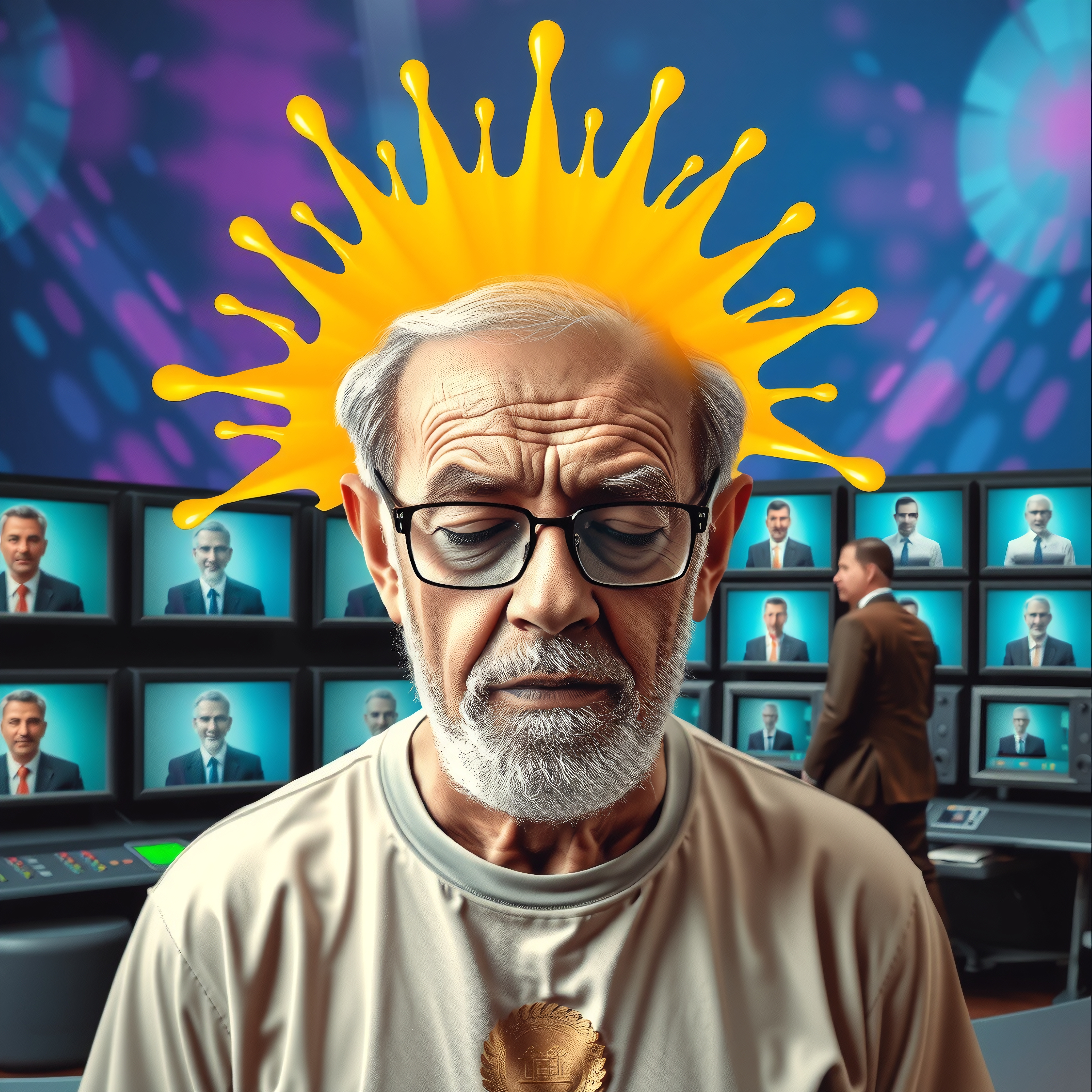Elderly man in media control room with creative splash effect.