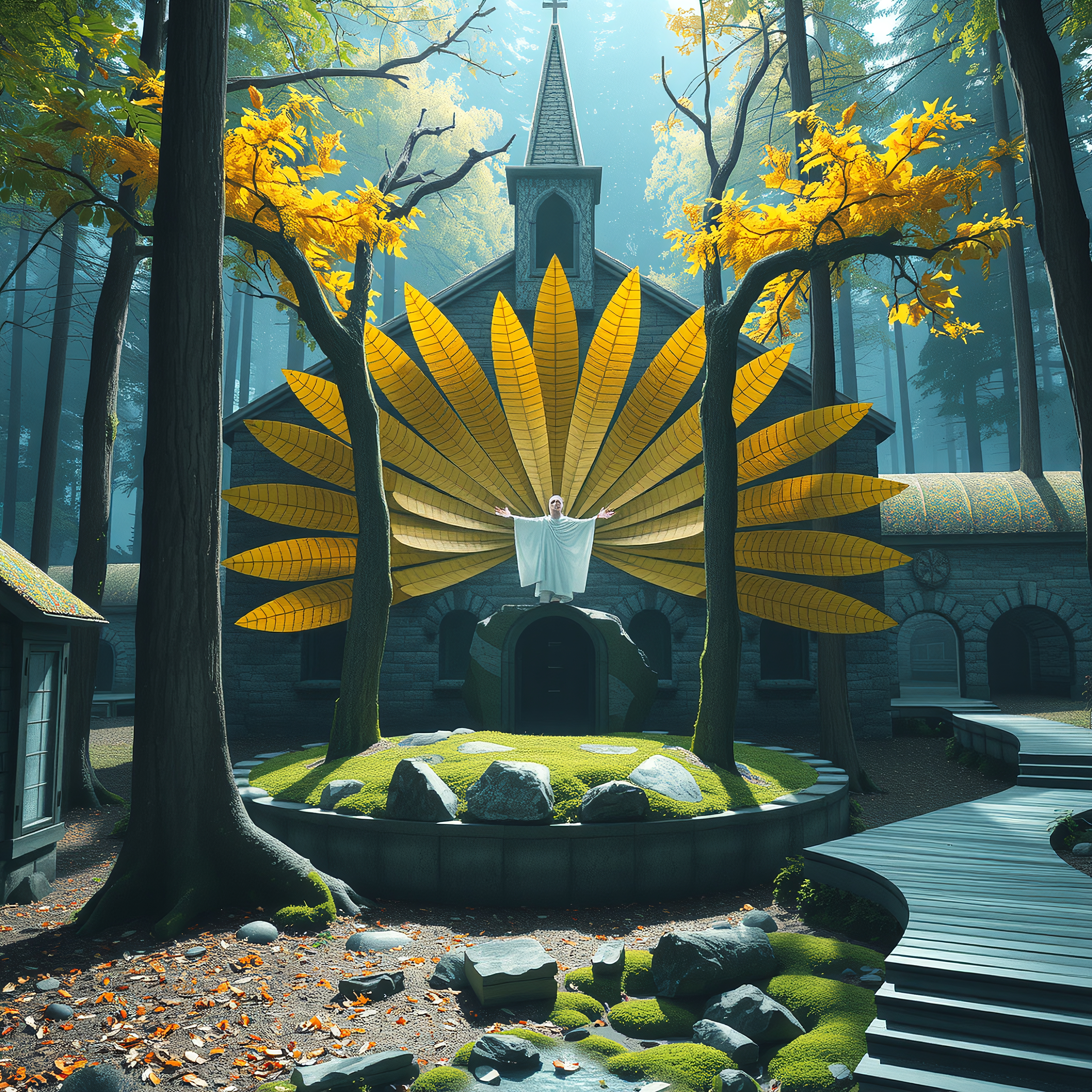 A serene stone church in a golden forest with striking leaf architecture.