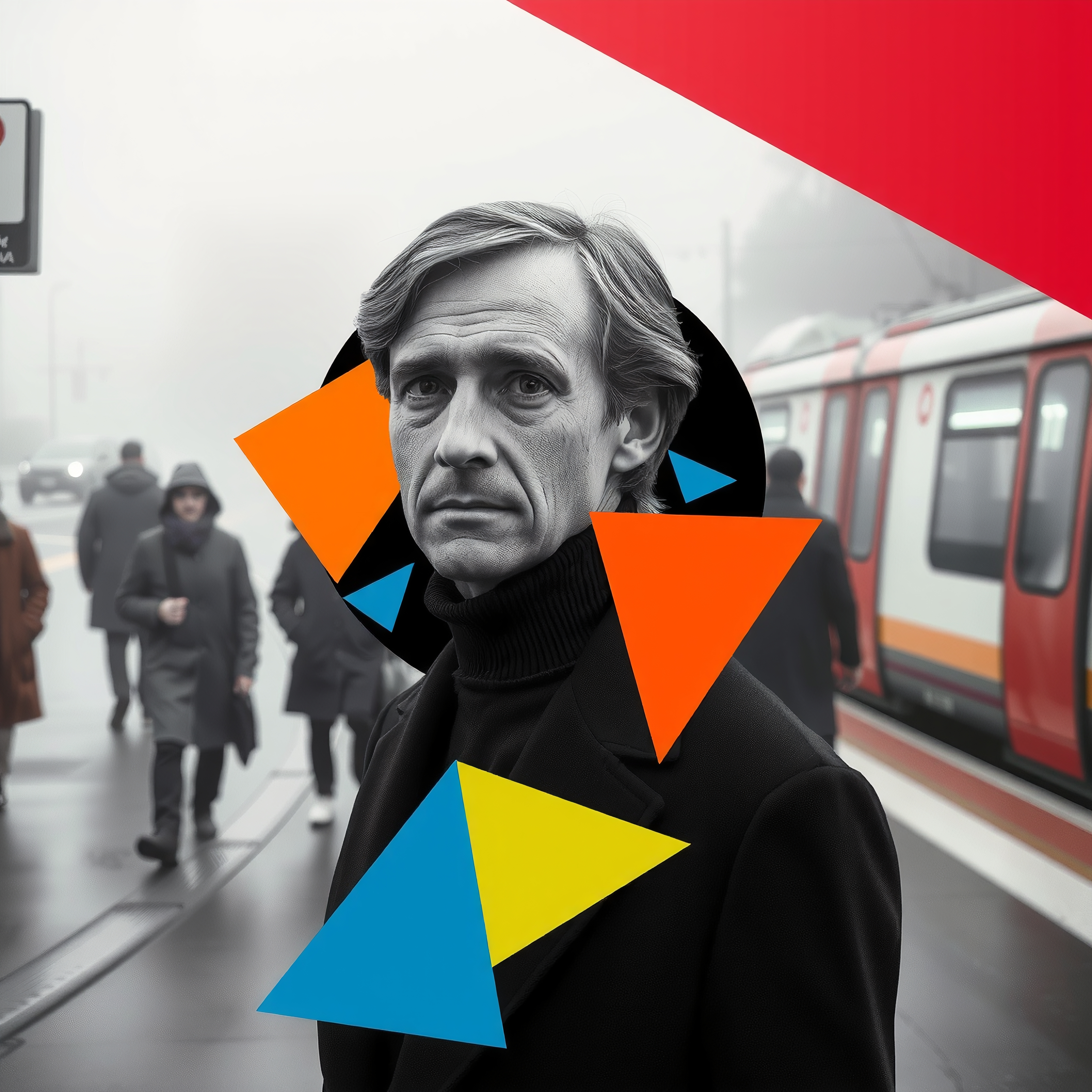 A person stands at a foggy train station, framed by colorful geometric shapes.