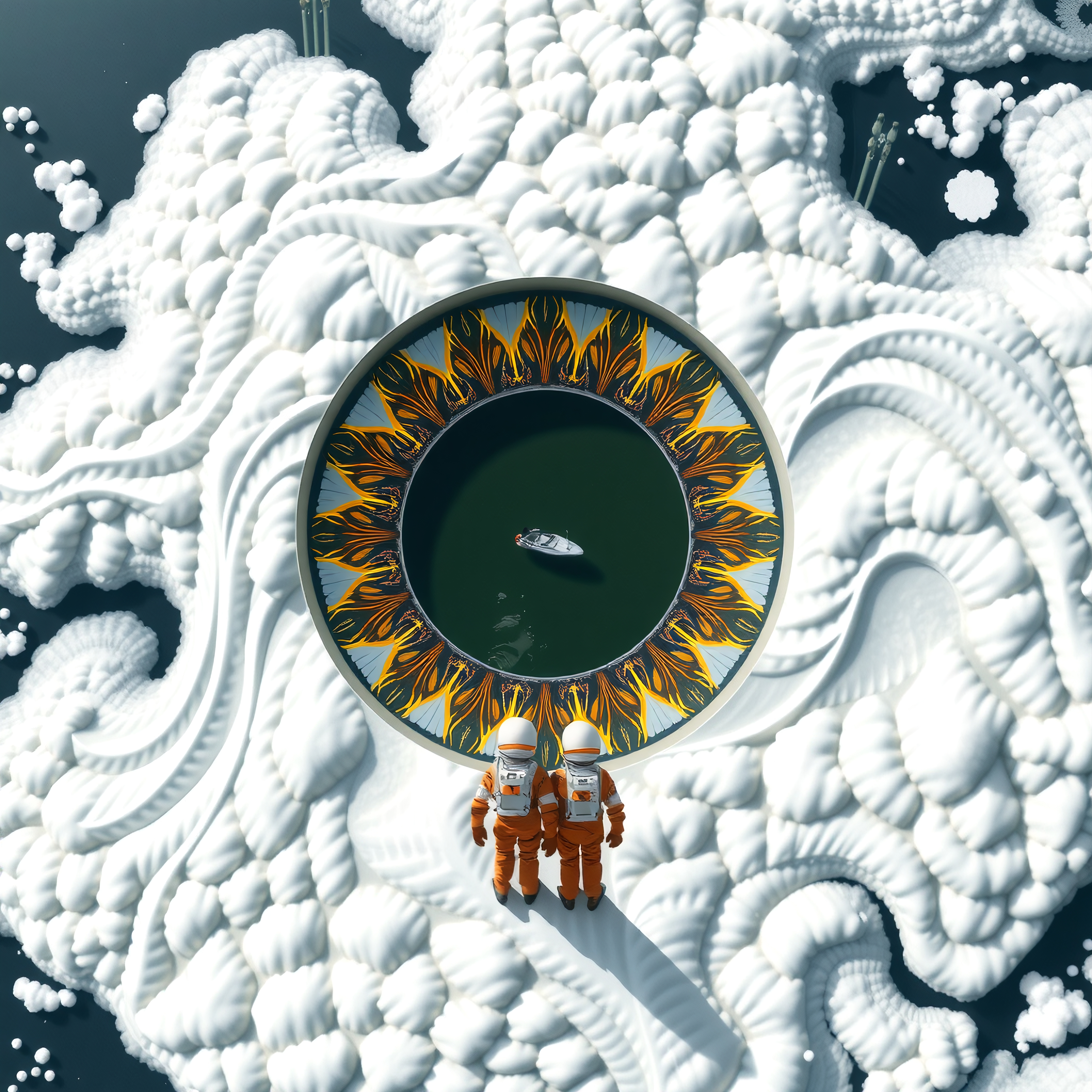 Astronauts on surreal cloudscape peering into a vibrant circular pit with a lone boat, merging space exploration with artistic whimsy.