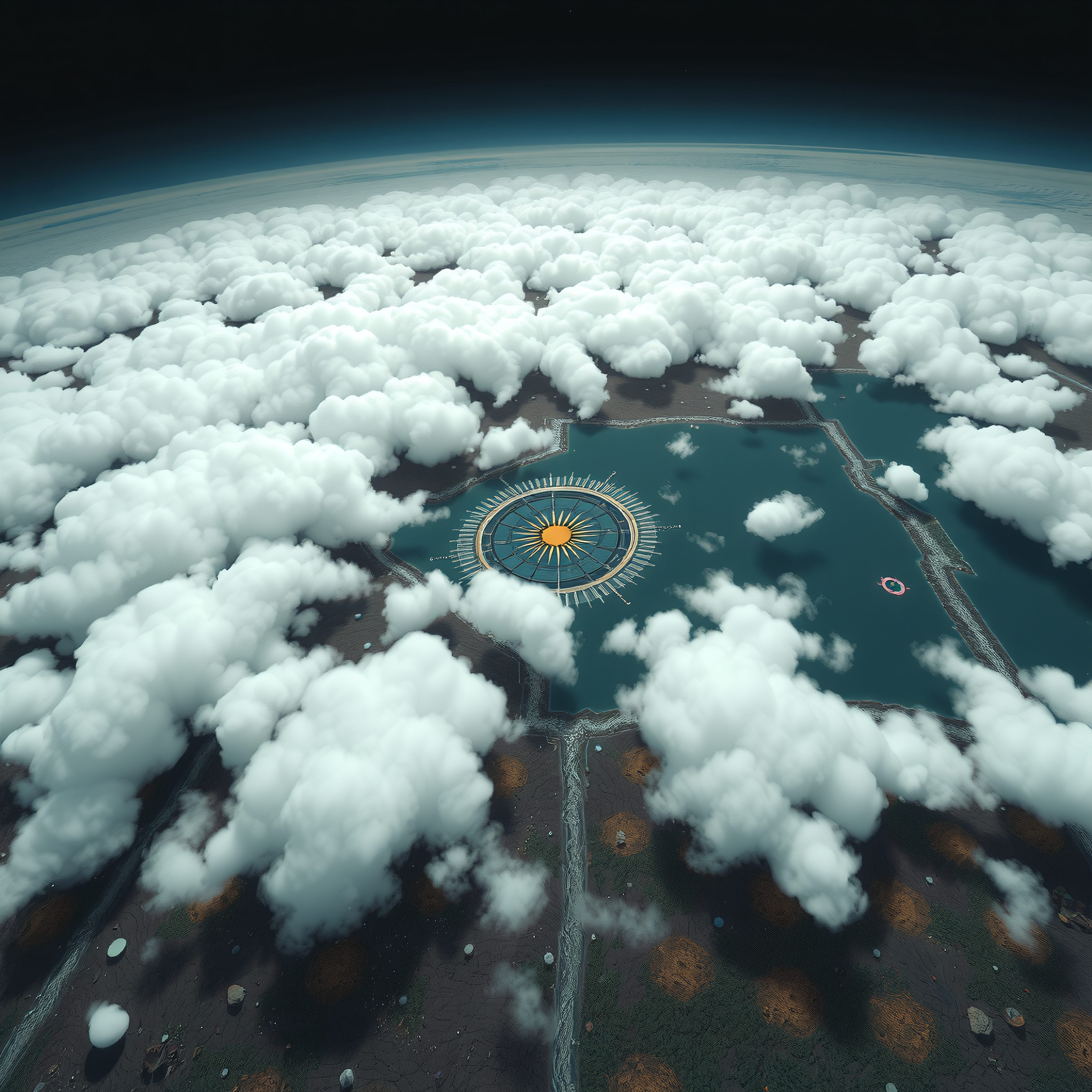 Aerial view of futuristic landscape with circular structure in vibrant colors surrounded by geometric patterns and fluffy clouds.