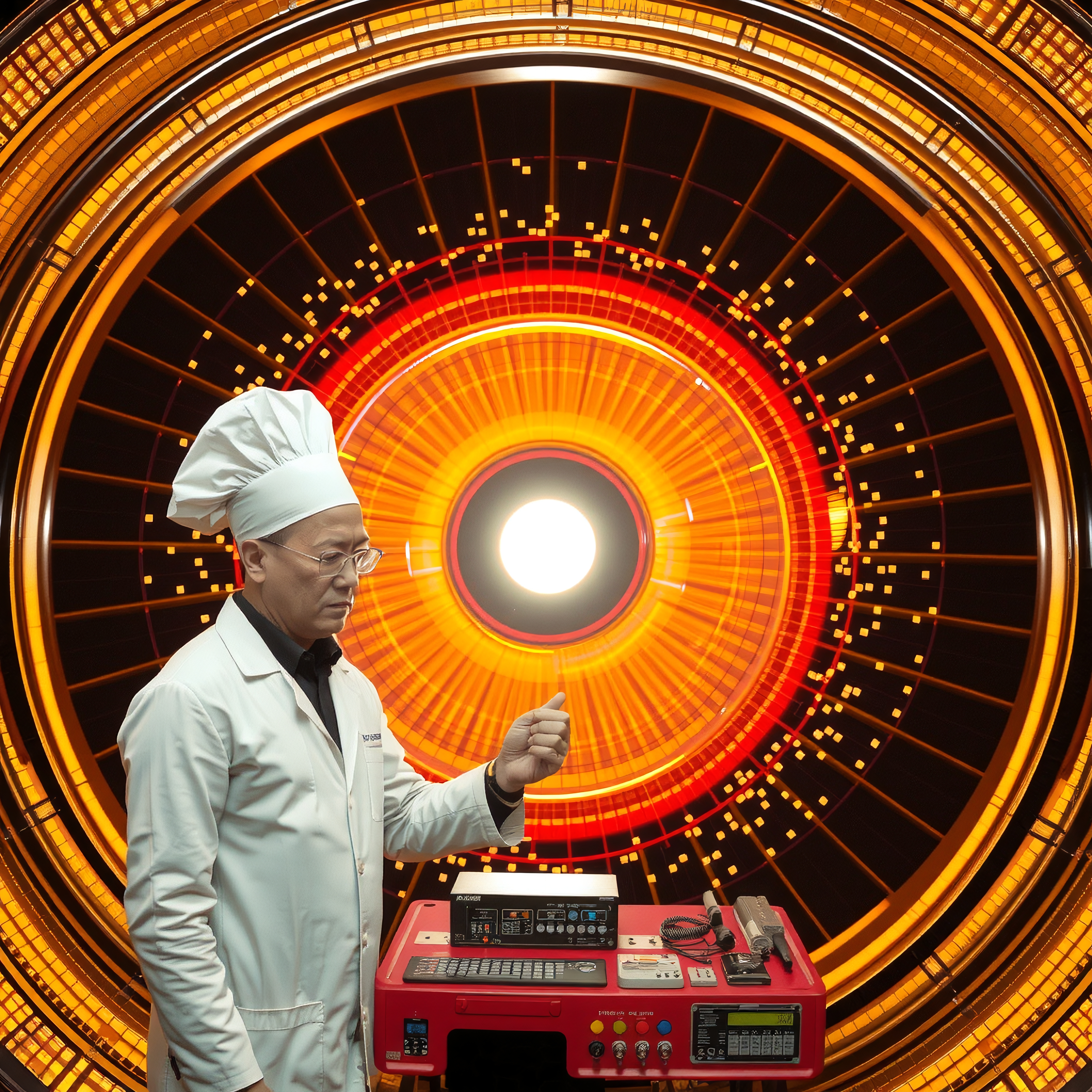 Chef in white coat and hat stands before a glowing orange circular structure, juxtaposing culinary tradition and advanced science.