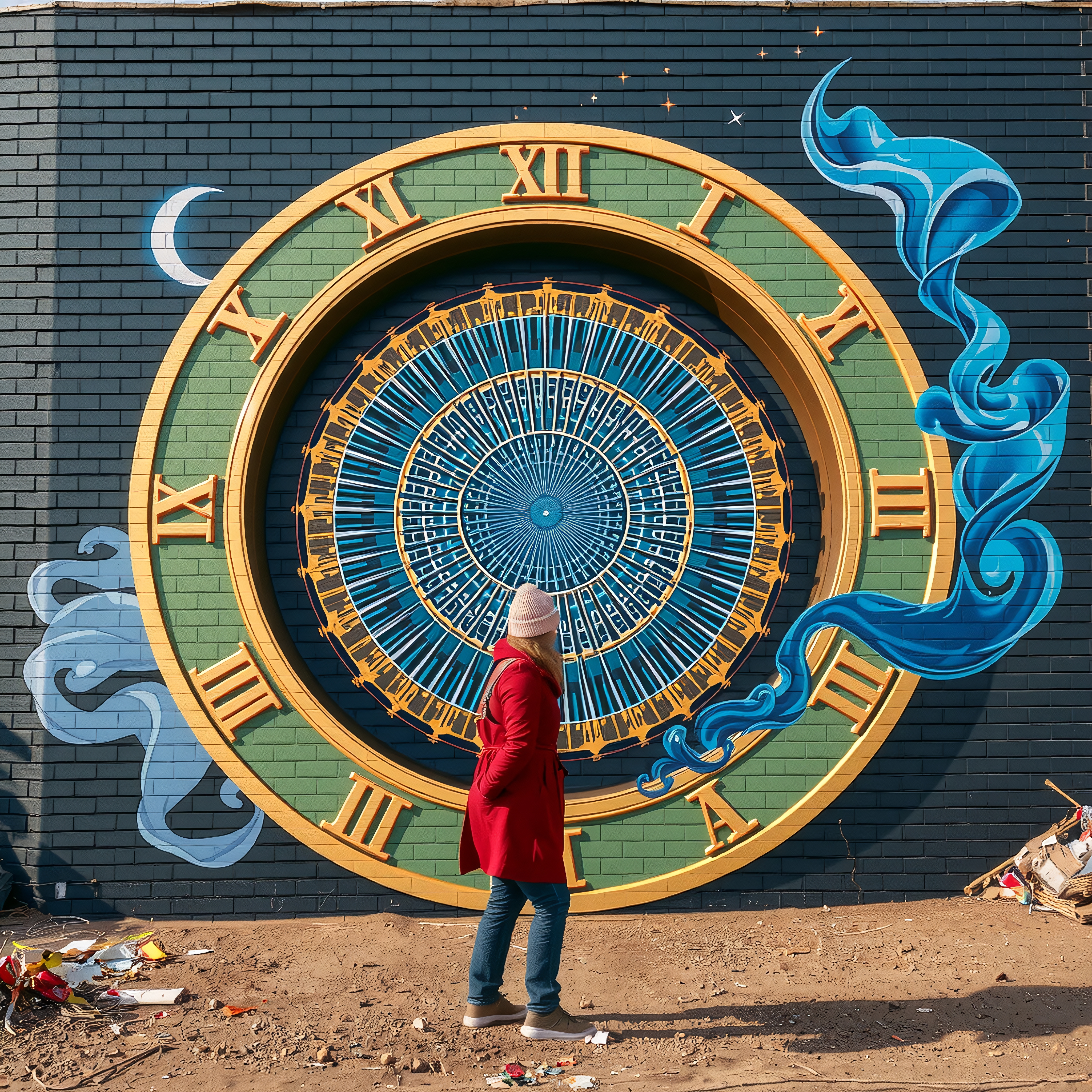 A woman admires a vibrant mural depicting a cosmic clock on a brick wall amidst urban surroundings.