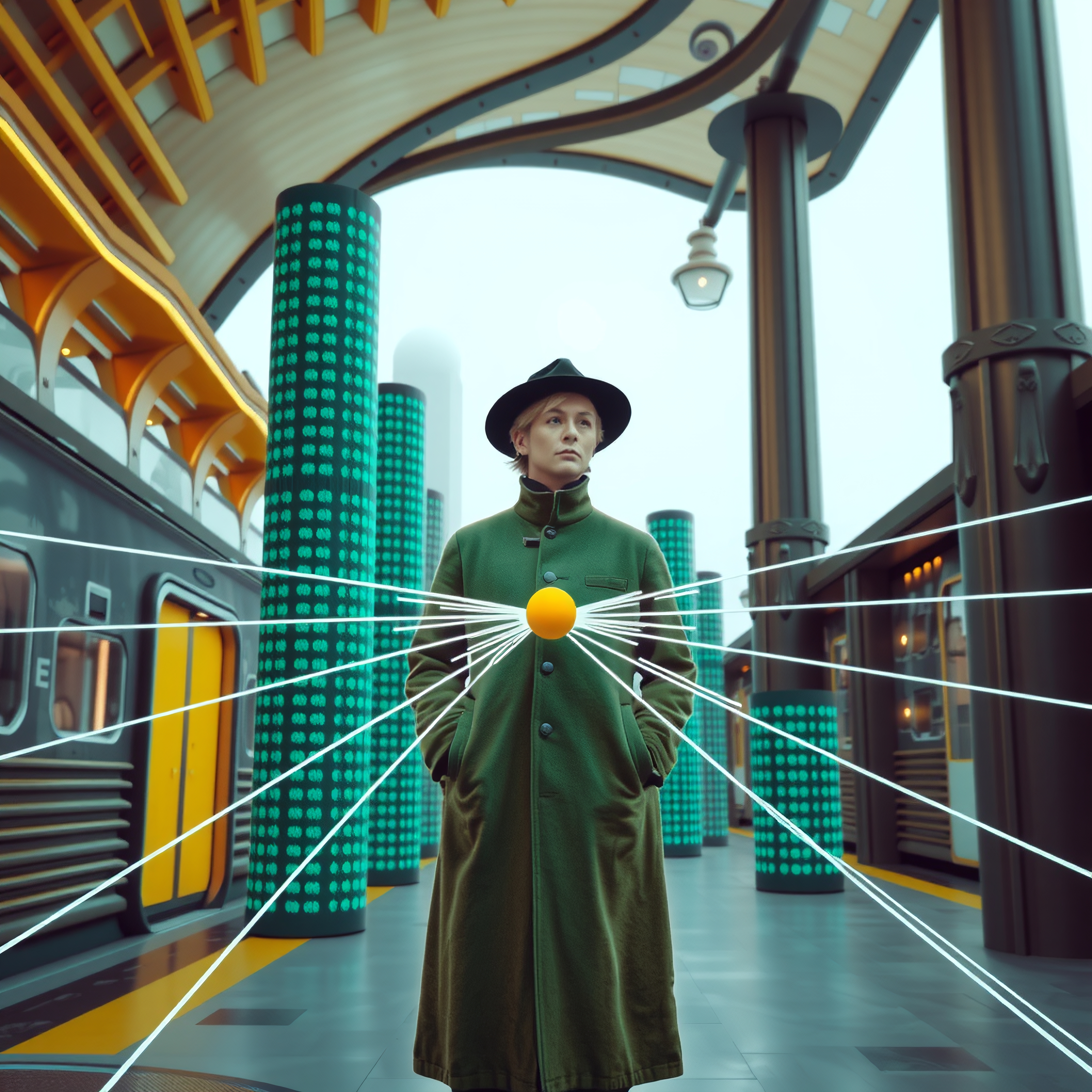 A person in a green coat stands in a futuristic train station with digital patterns and intersecting lines.
