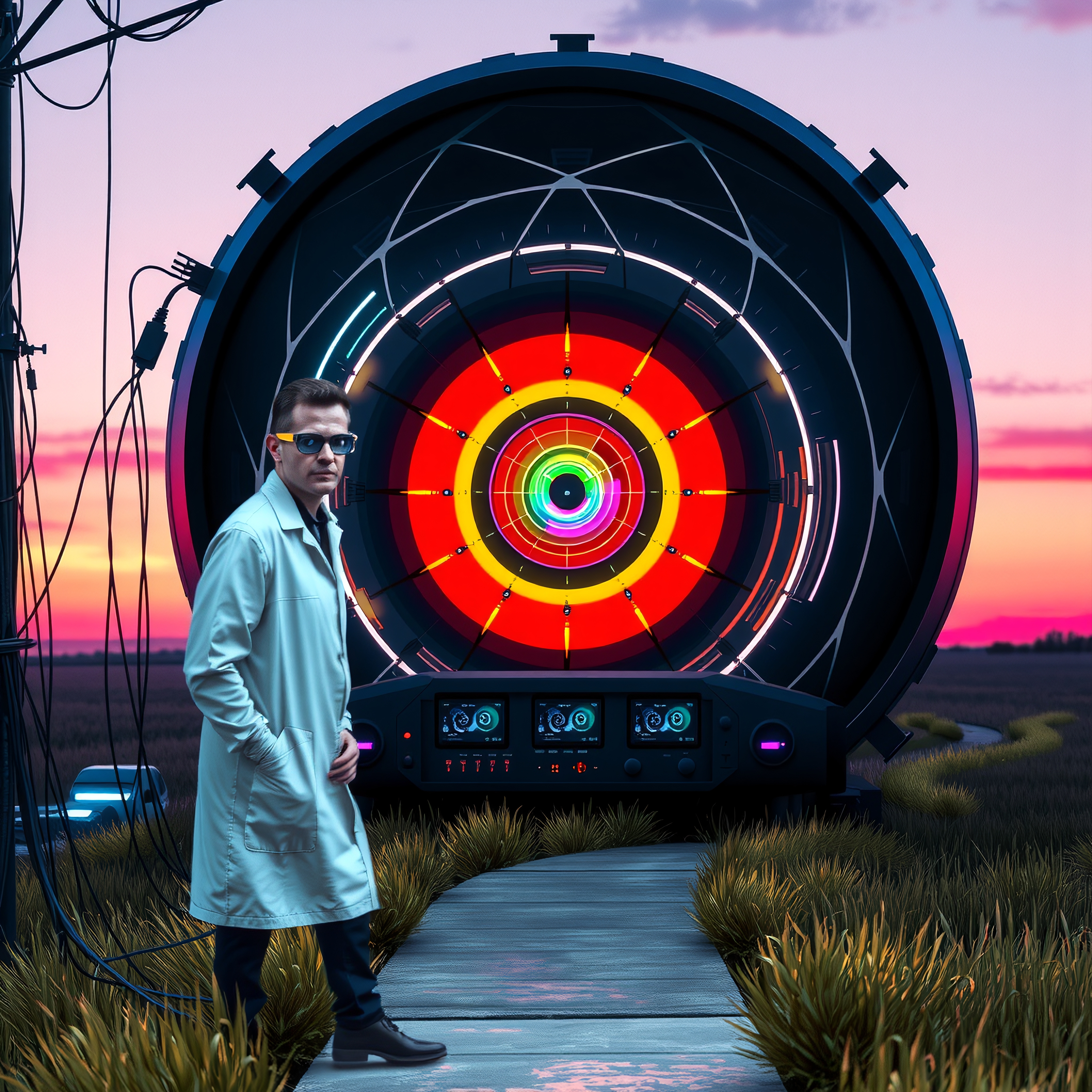 A scientist in a lab coat stands on a path beside a colorful, futuristic device with glowing concentric circles at dusk.