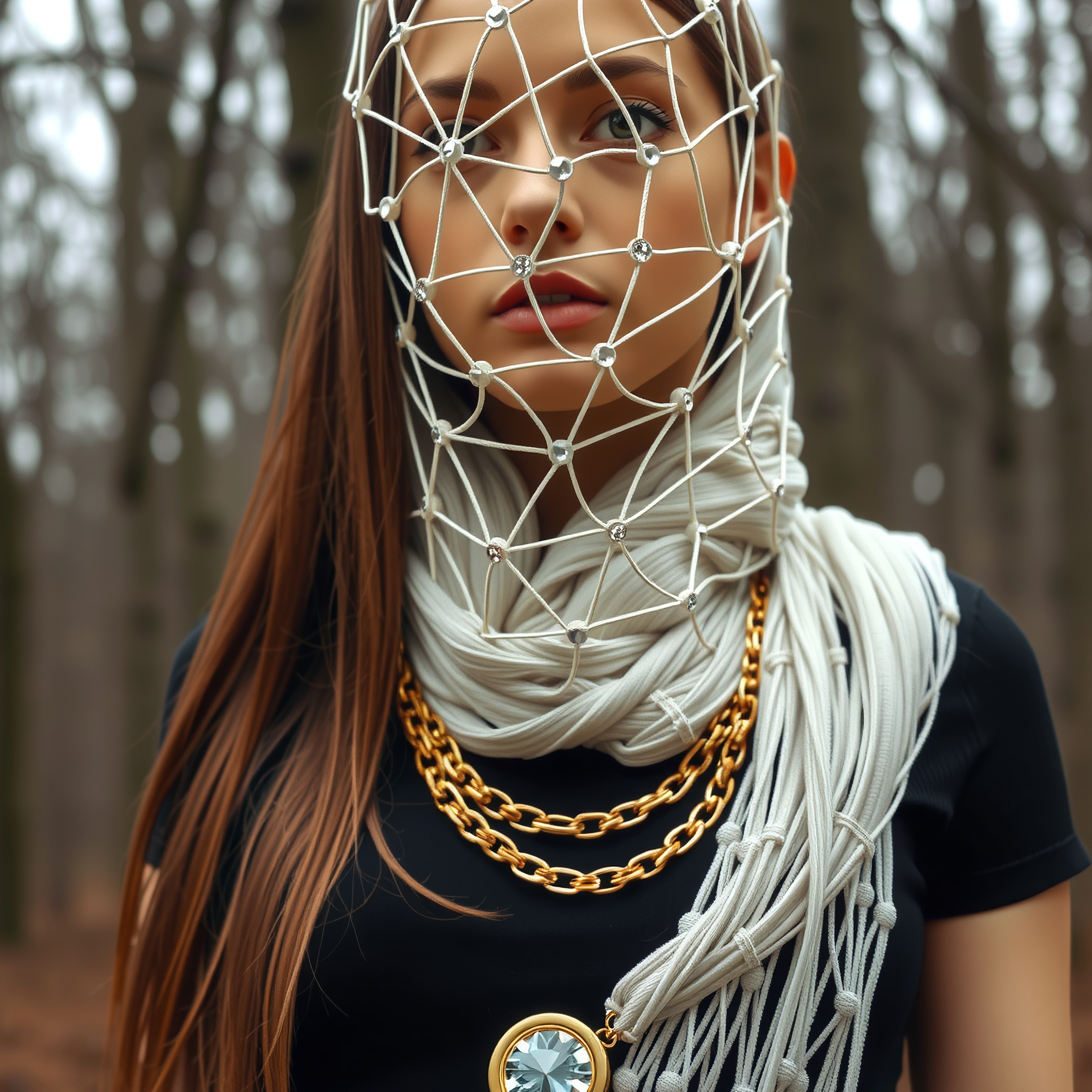 A stylish woman wearing a netted headdress and gold chains in a forest setting.