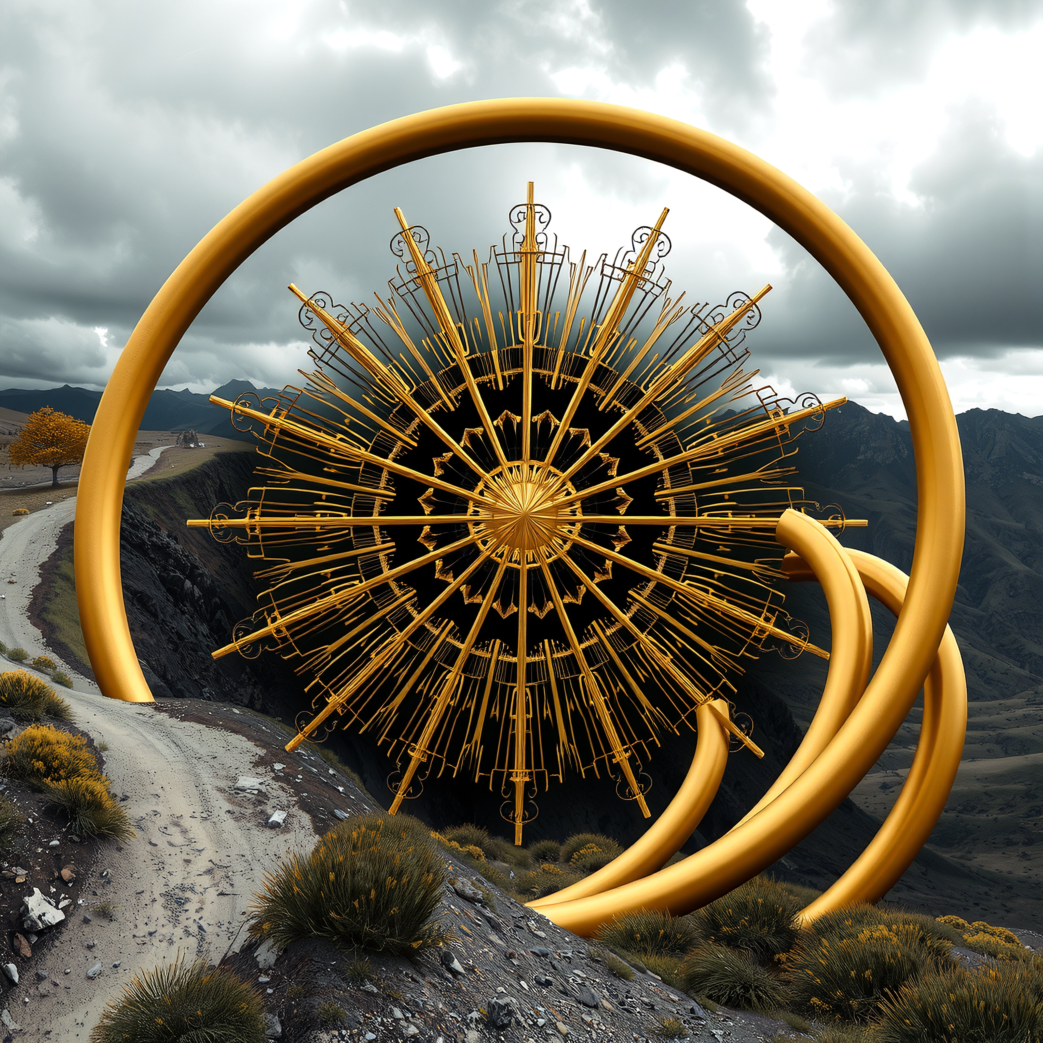 Surreal golden rings in mountainous landscape with intricate abstract design.