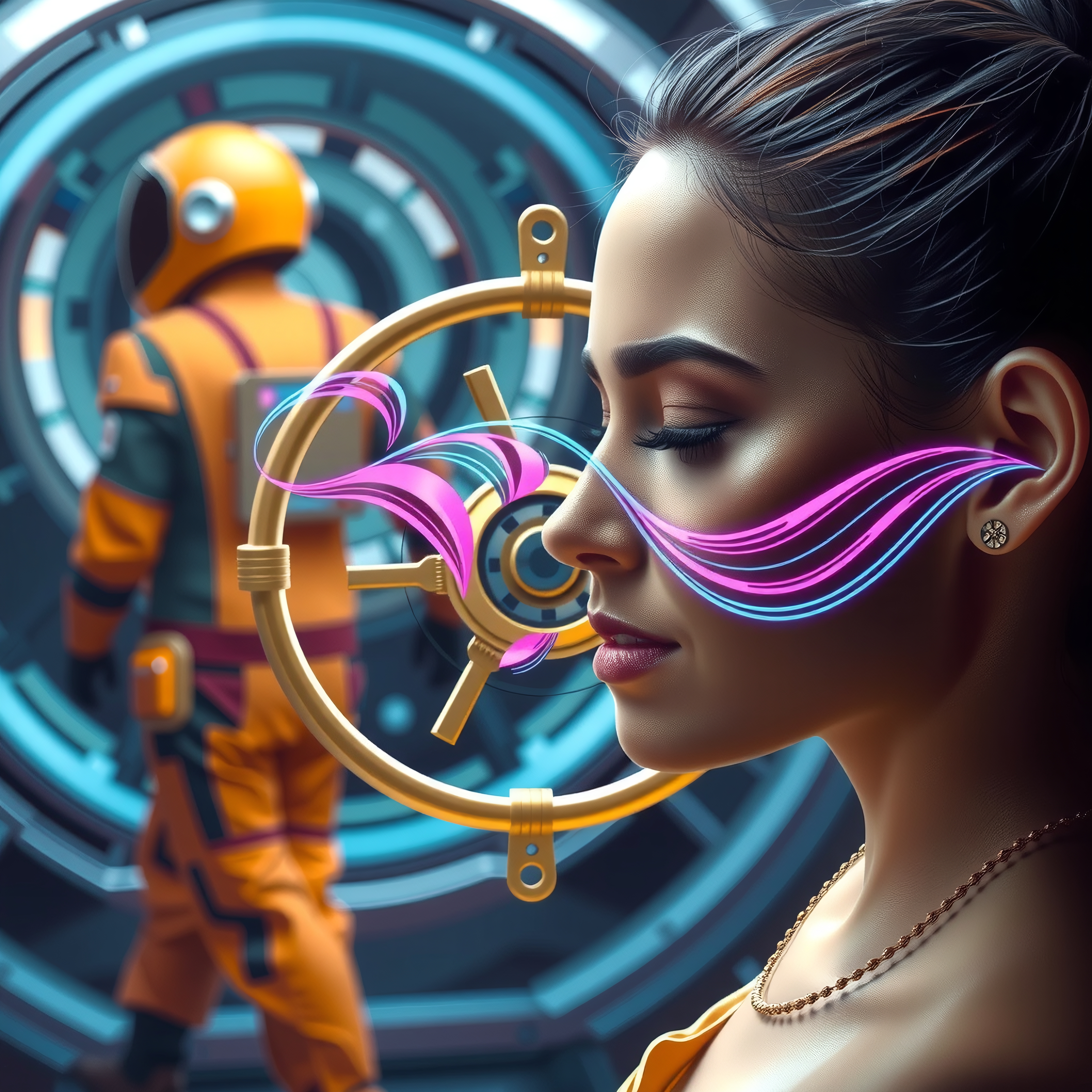 A futuristic digital art piece featuring a serene woman with neon arcs and sci-fi background elements.