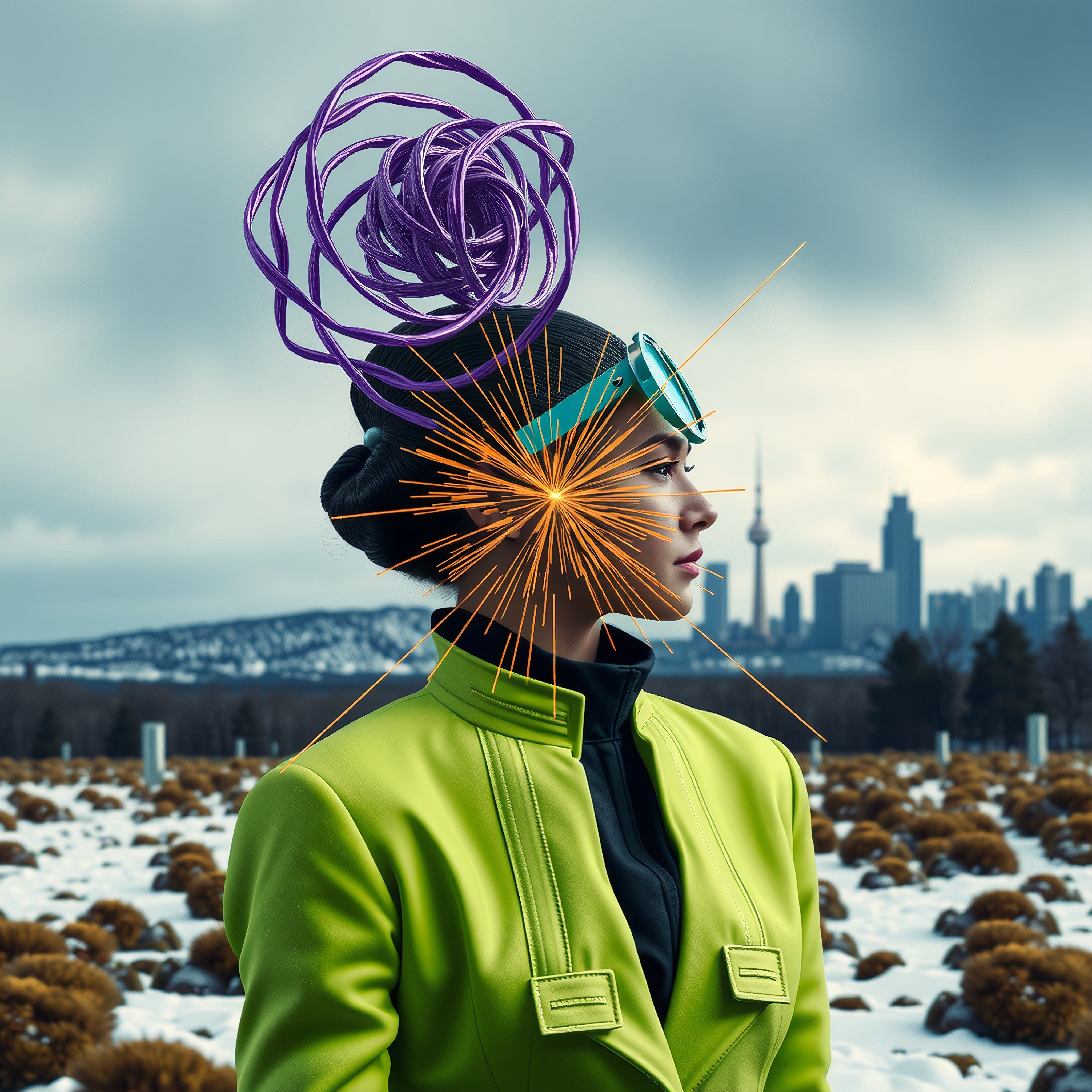 Woman in futuristic fashion with avant-garde headpiece and vibrant green jacket set against a snowy landscape and city skyline.