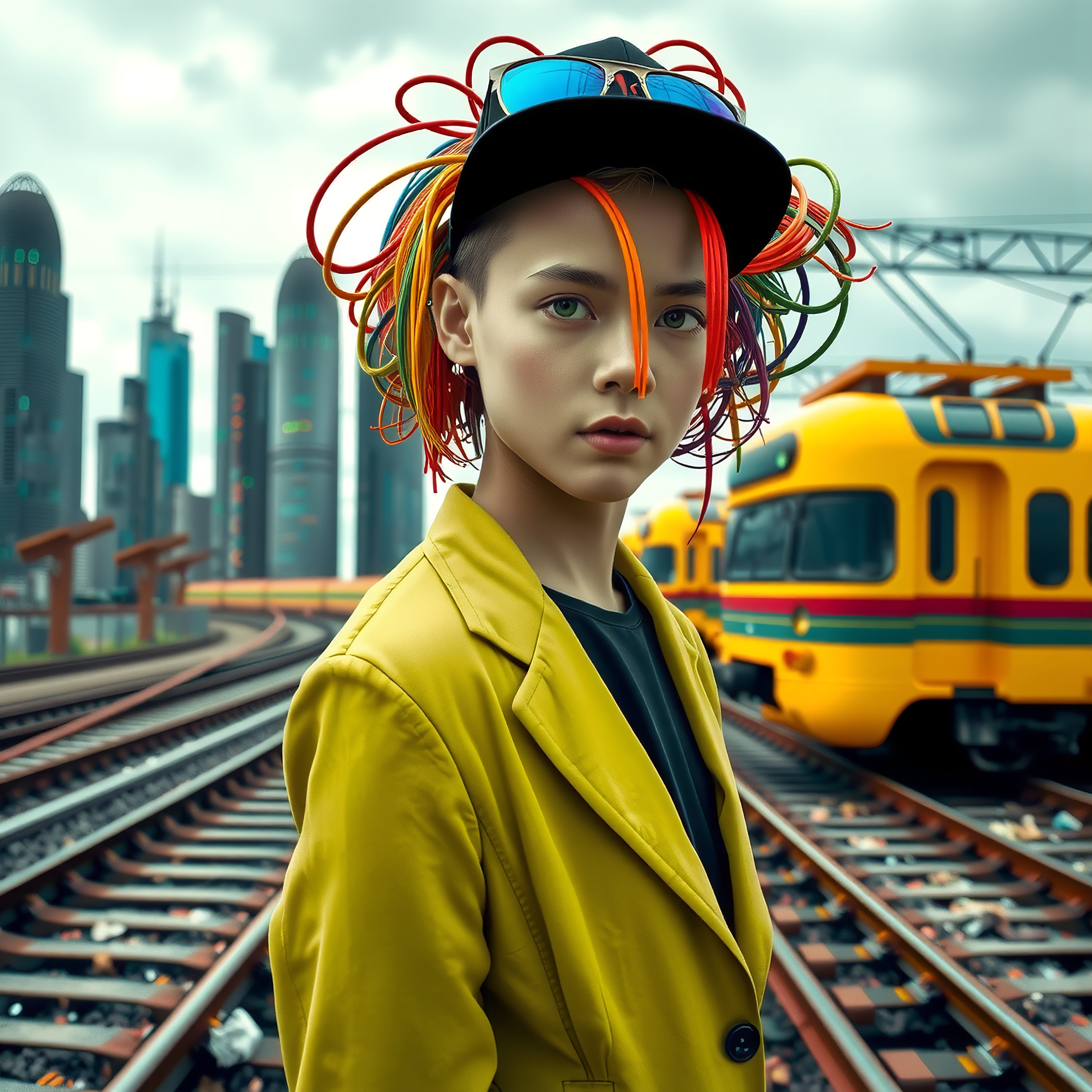 A fashion-forward individual with colorful hair and a yellow jacket stands by train tracks in a futuristic cityscape.