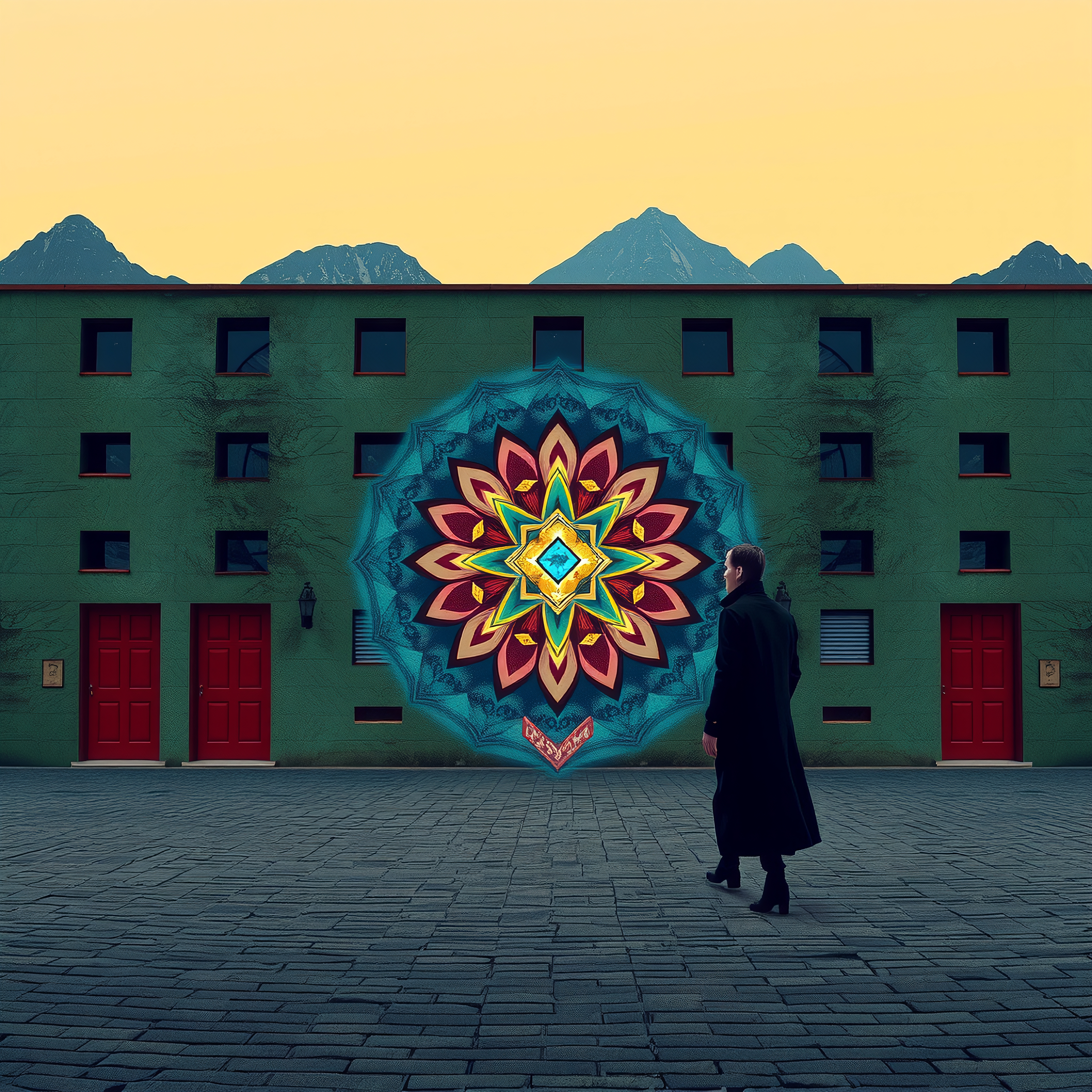 Image of a person in a black coat standing before a green building with red doors and a large colorful mandala mural, set against a backdrop of mountains and a yellow sky.