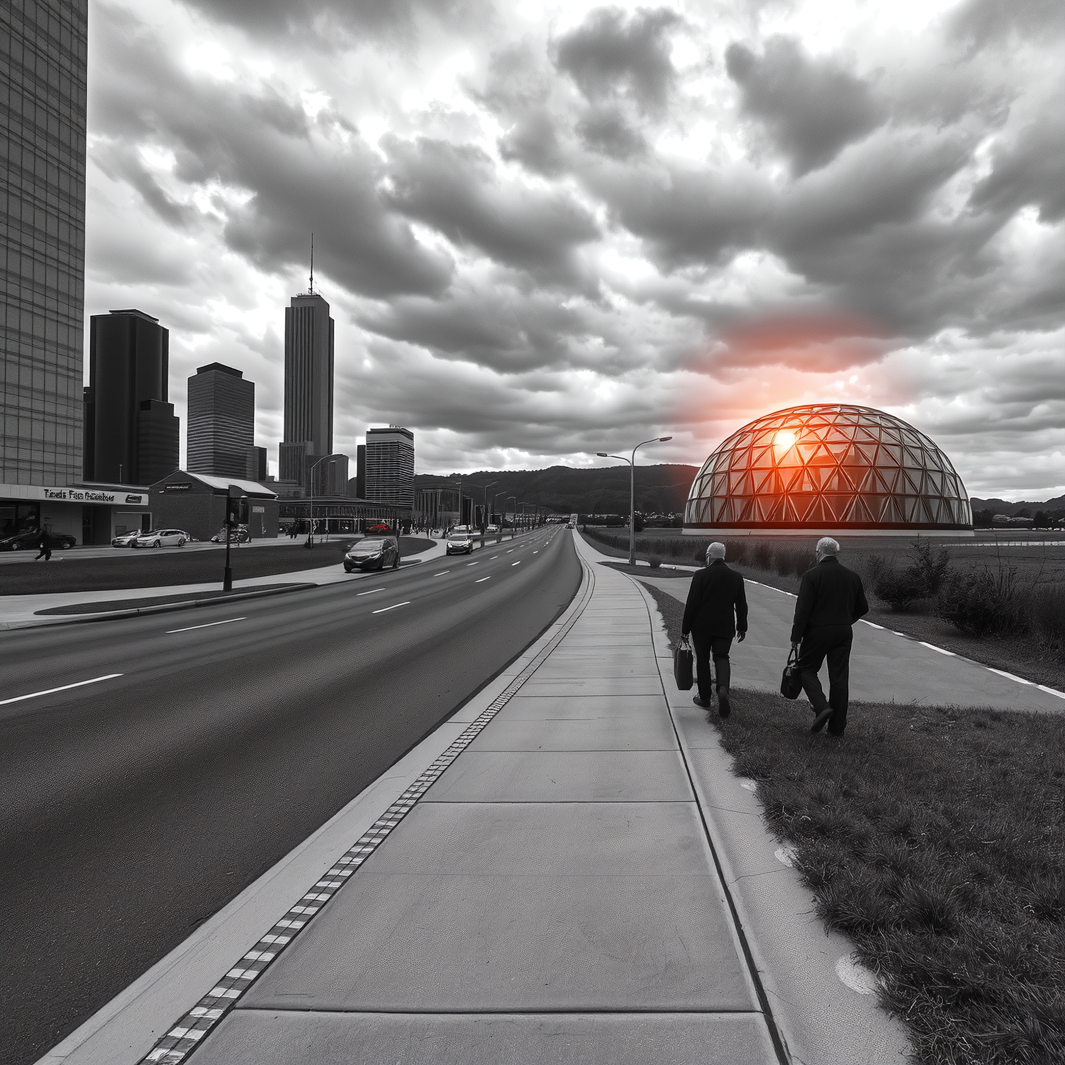 Modern cityscape with dramatic cloudy sky, futuristic dome glowing warm orange light, and two people walking along an empty street.