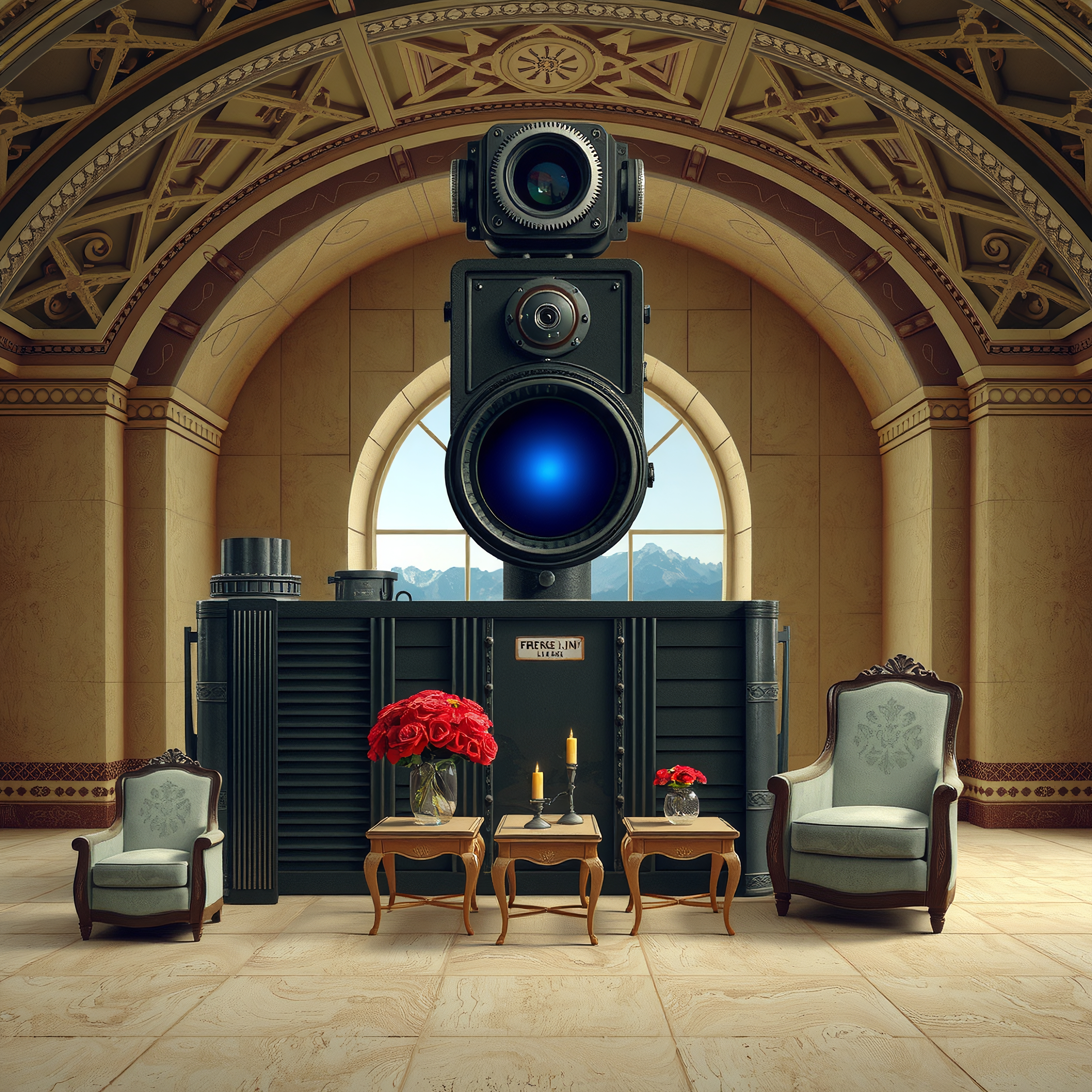 A vintage camera art piece in a grand, ornate hall.