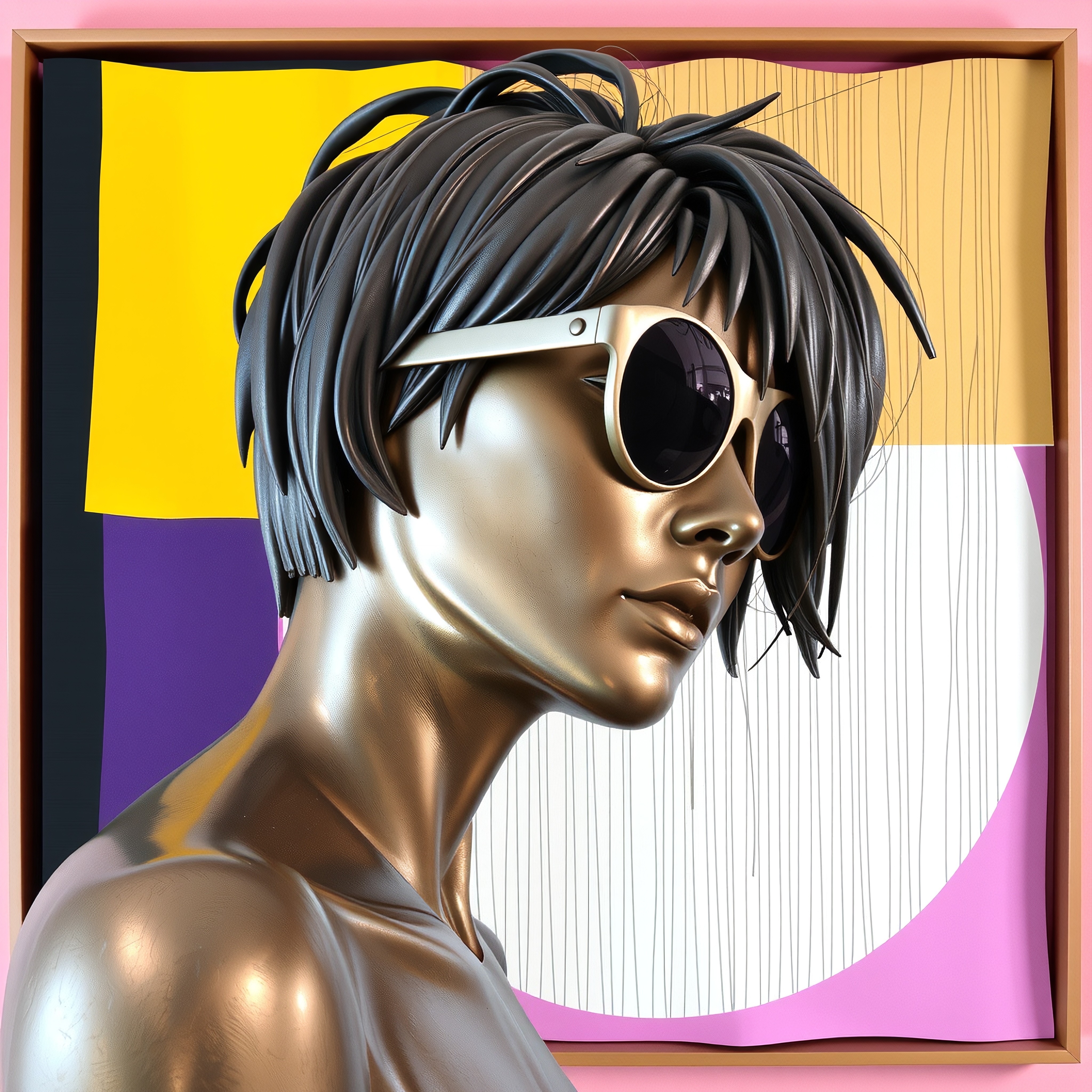 Contemporary bronze sculpture with sunglasses against an abstract colorful background, featuring geometric shapes and vibrant colors.