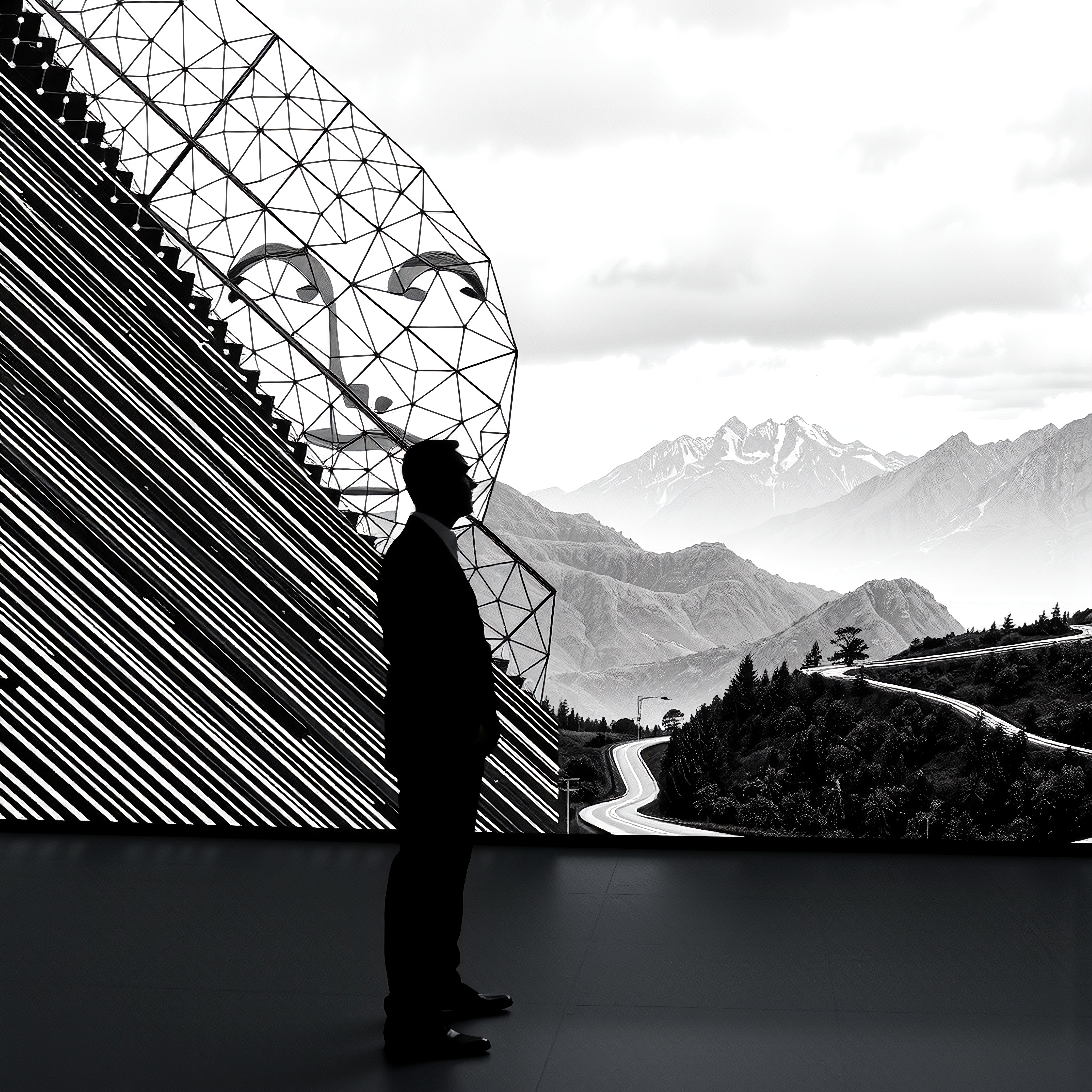 Artistic silhouette against mountains and geometric face.