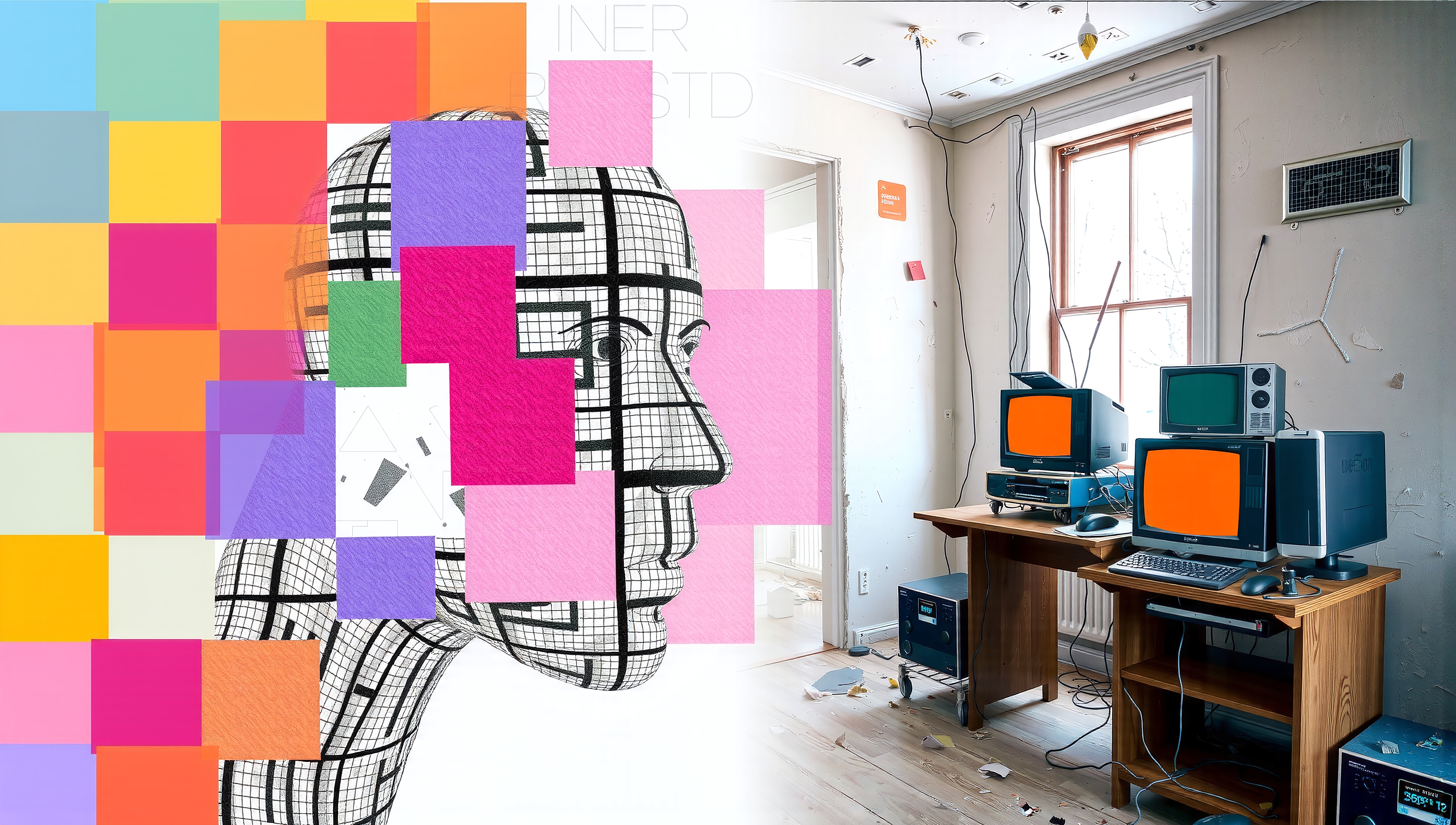 A split image juxtaposing colorful abstract art with an old technology-filled room.