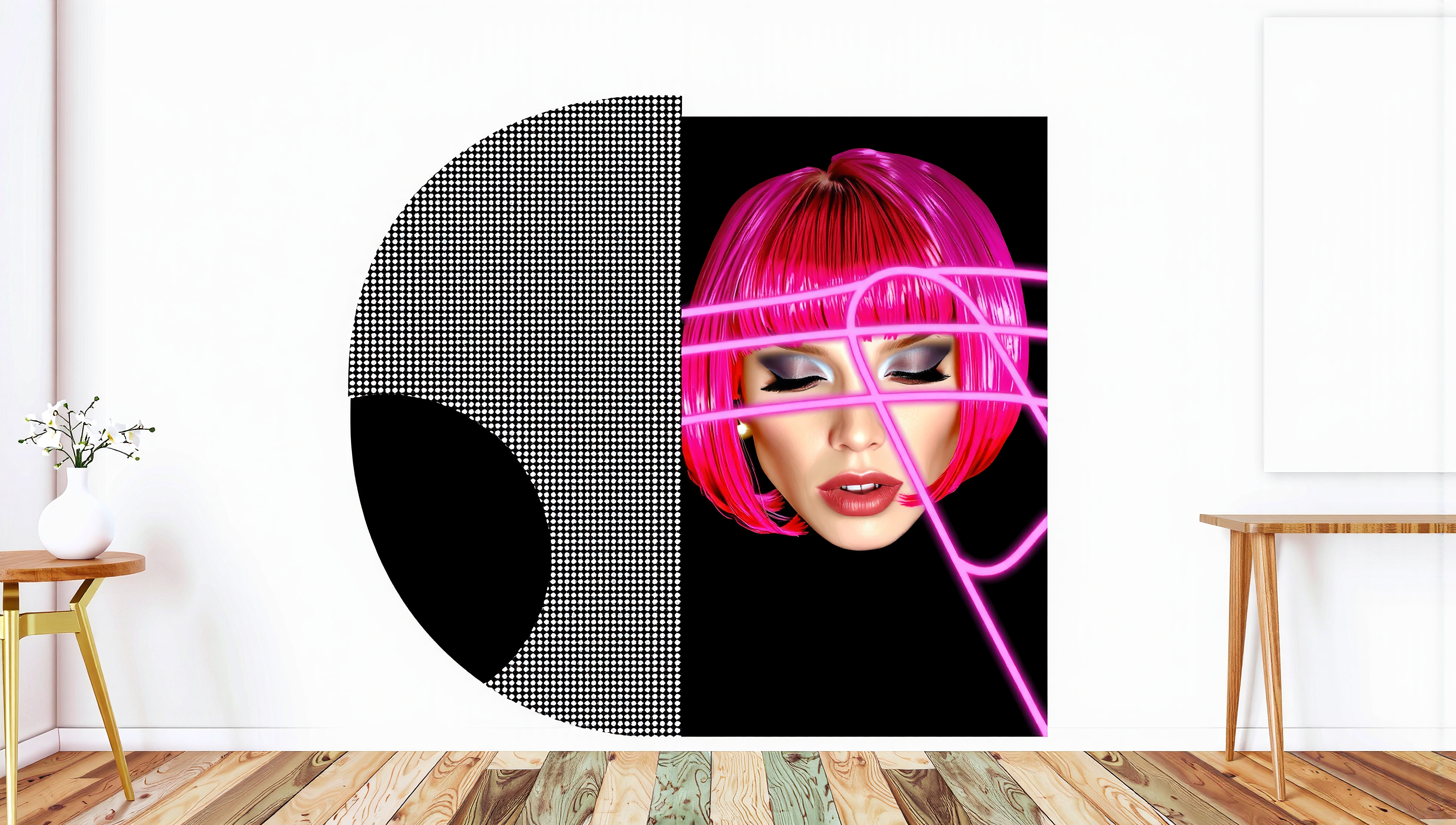 A contemporary room with vibrant pop art featuring a woman’s face and pink neon lights on a geometric background.