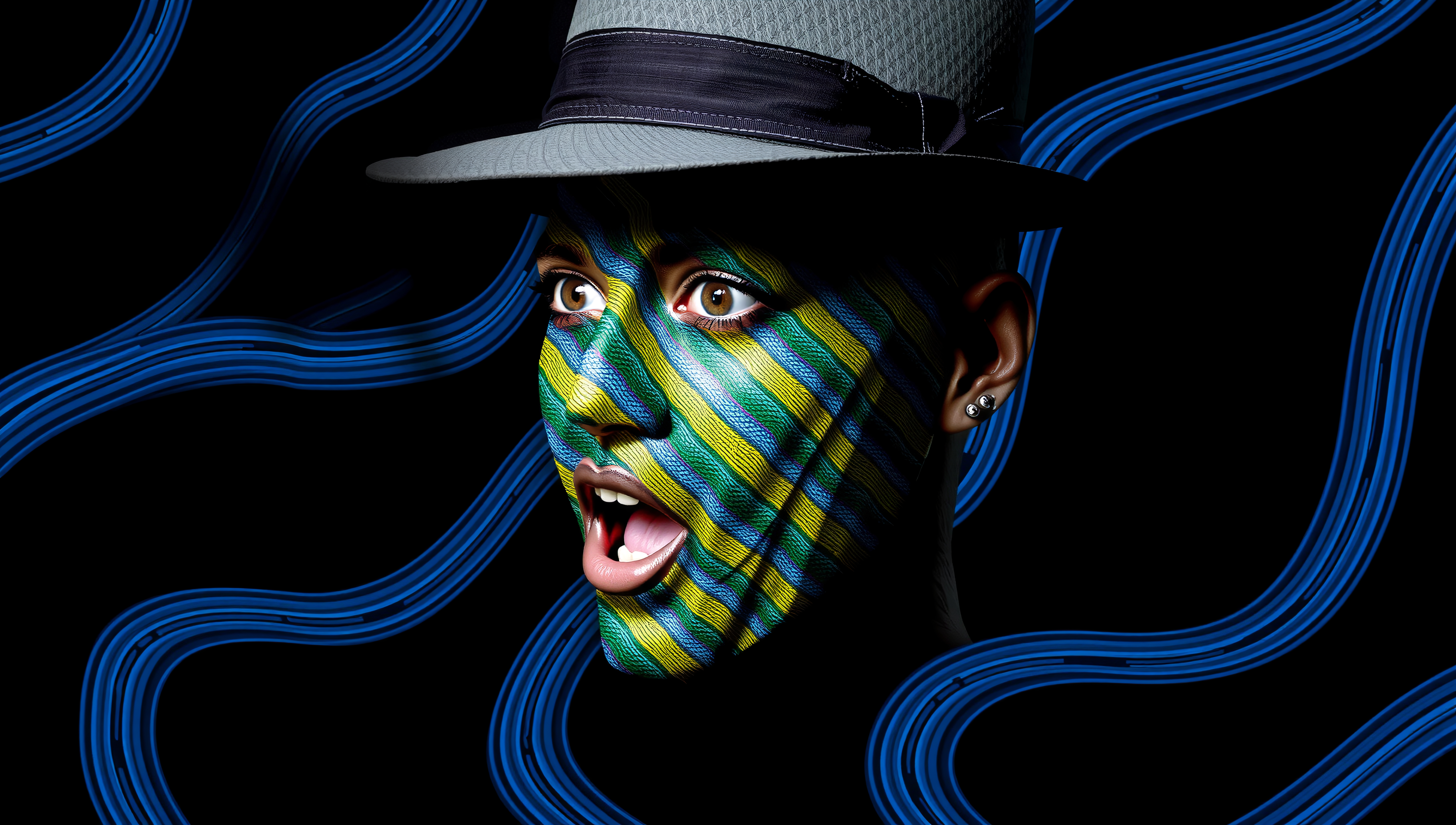 A person with a striped face paint and gray hat, surrounded by blue wave lines on a dark background.