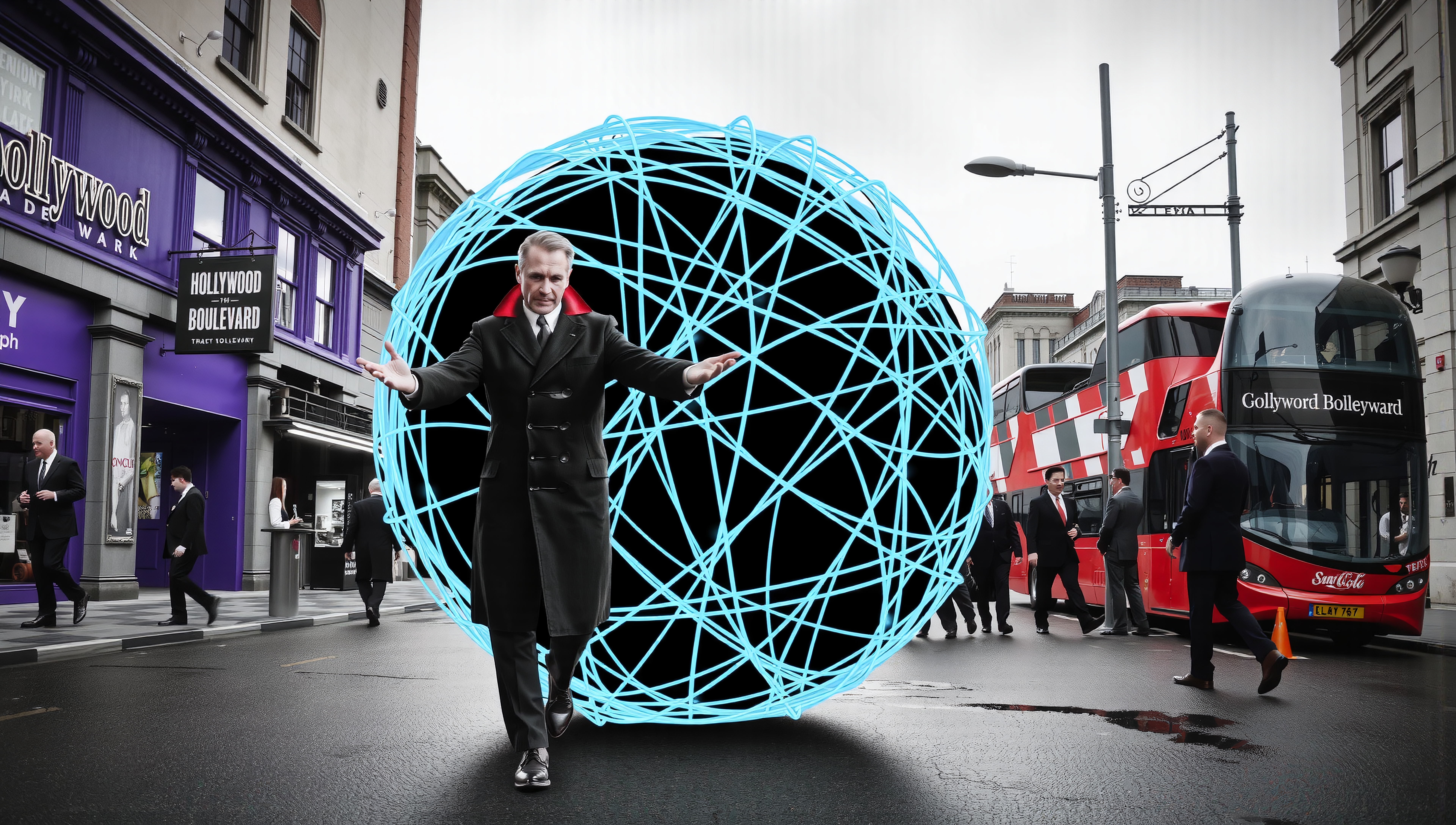 A man with a glowing blue spherical structure on a city street with double-decker buses and purple storefronts.