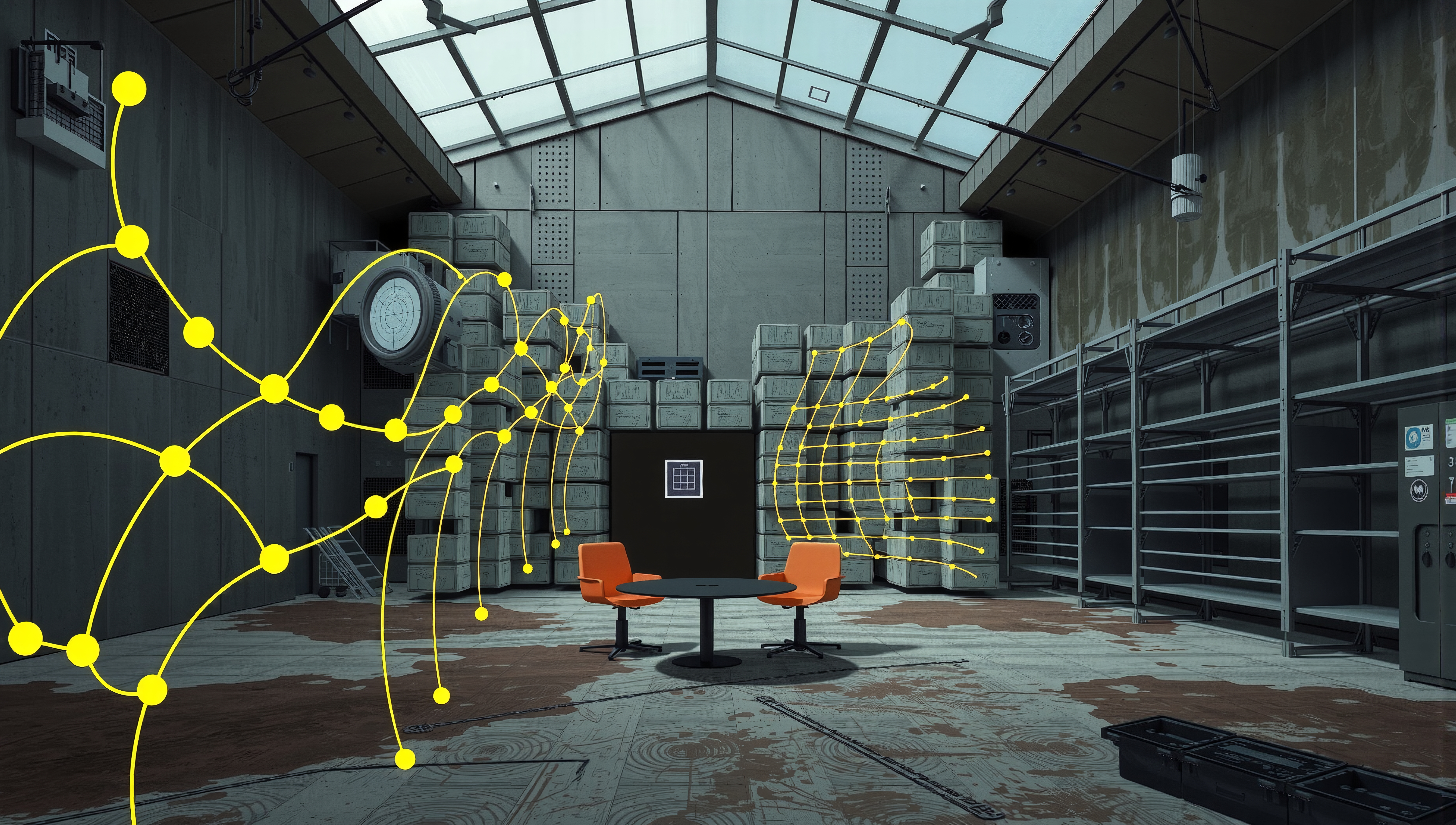 Futuristic warehouse interior with orange chairs, digital glowing lines, and storage boxes.