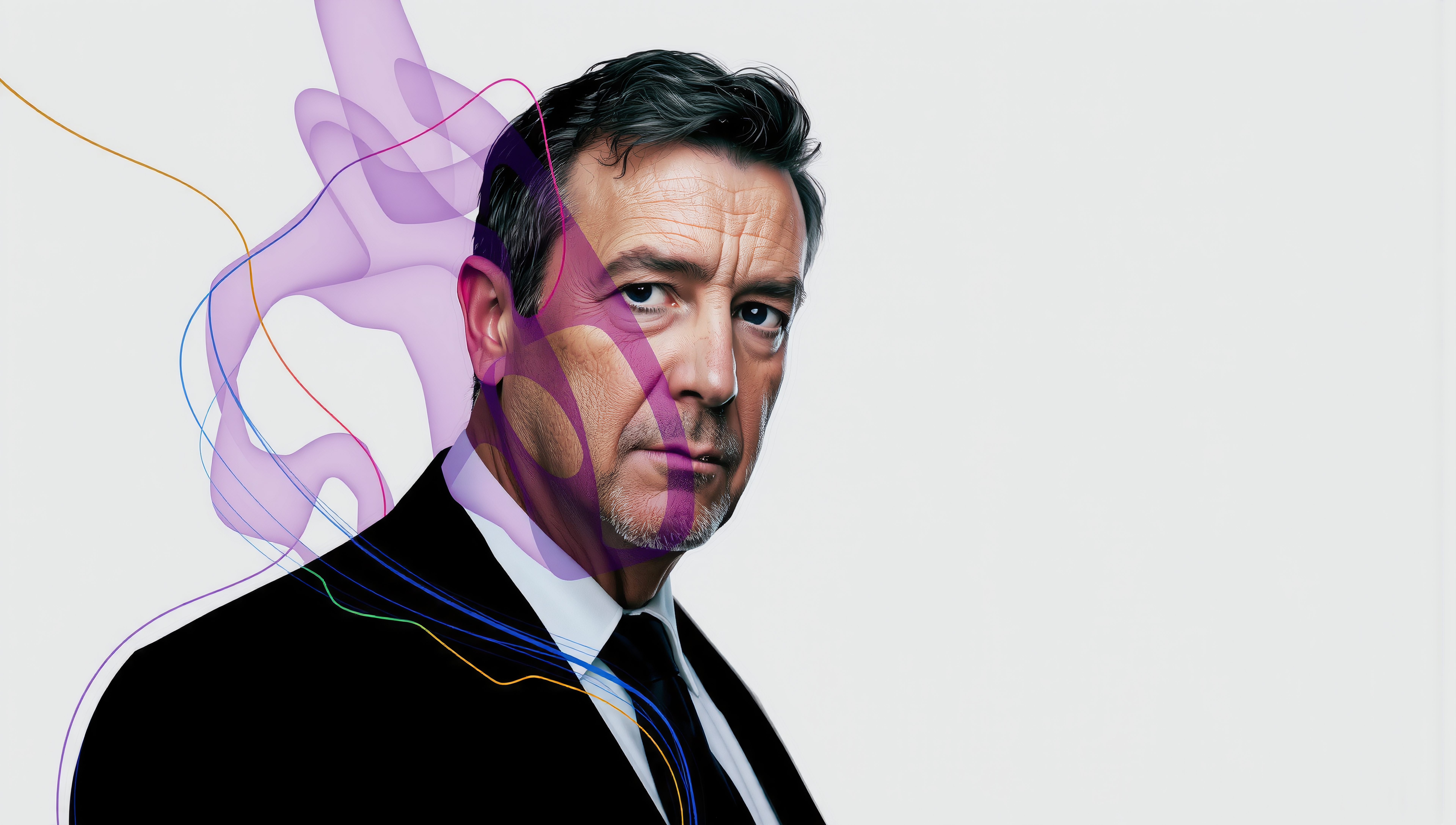 Portrait of a man with abstract purple design.
