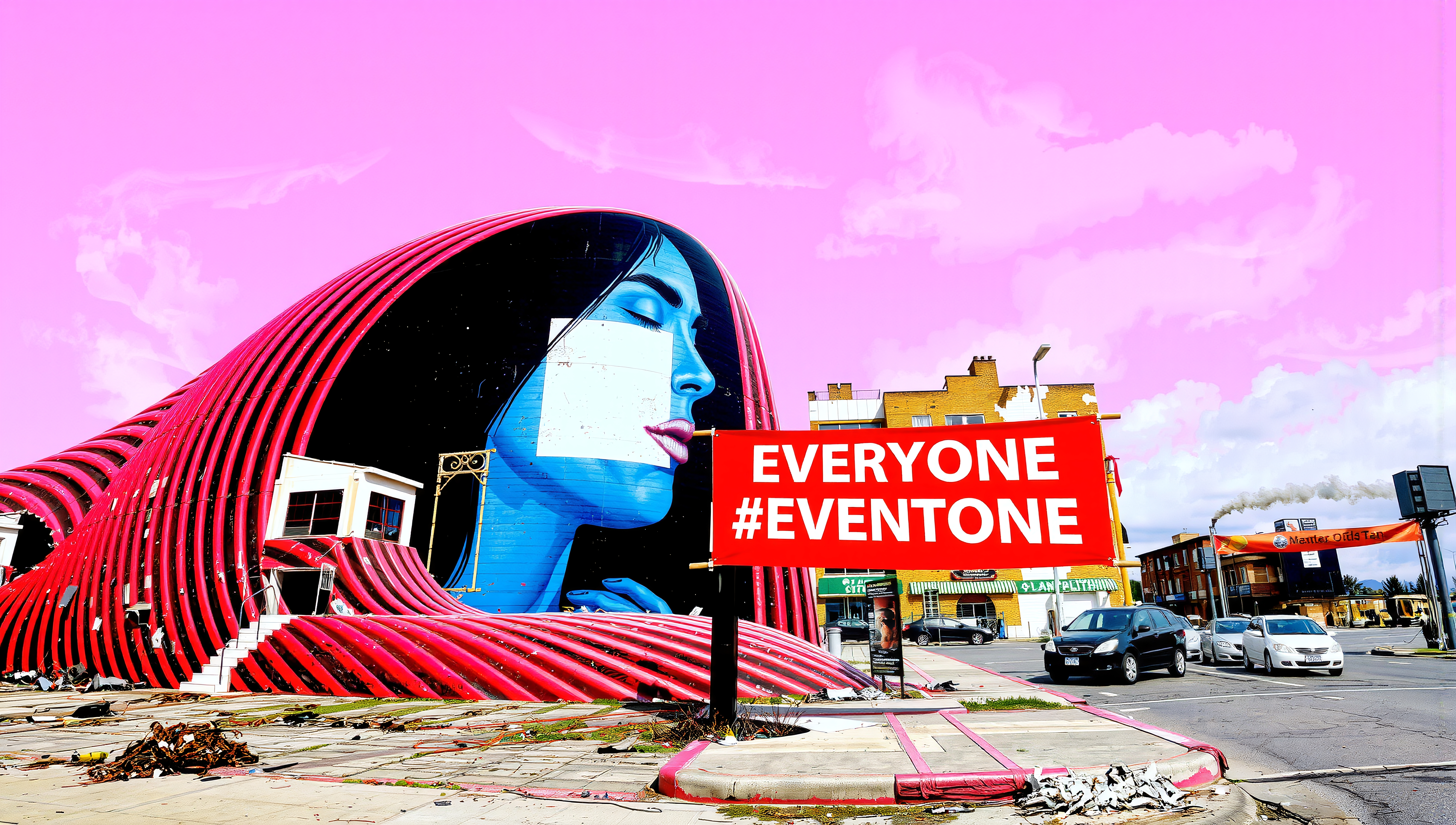 Vivid urban mural with a blue-faced woman in red architectural surroundings and a bold red billboard against a pink sky.