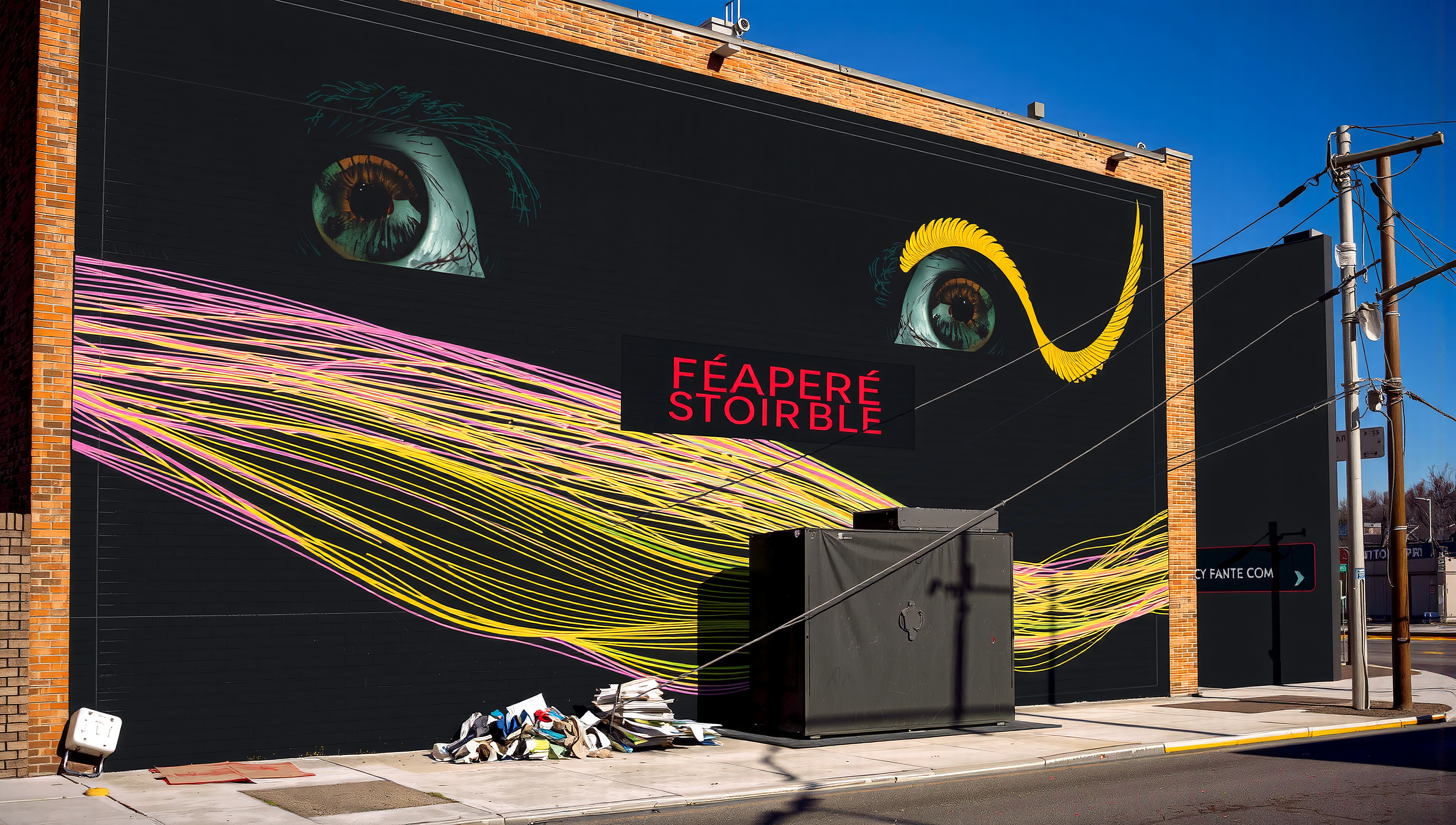 Vibrant mural with eye design on city building wall.