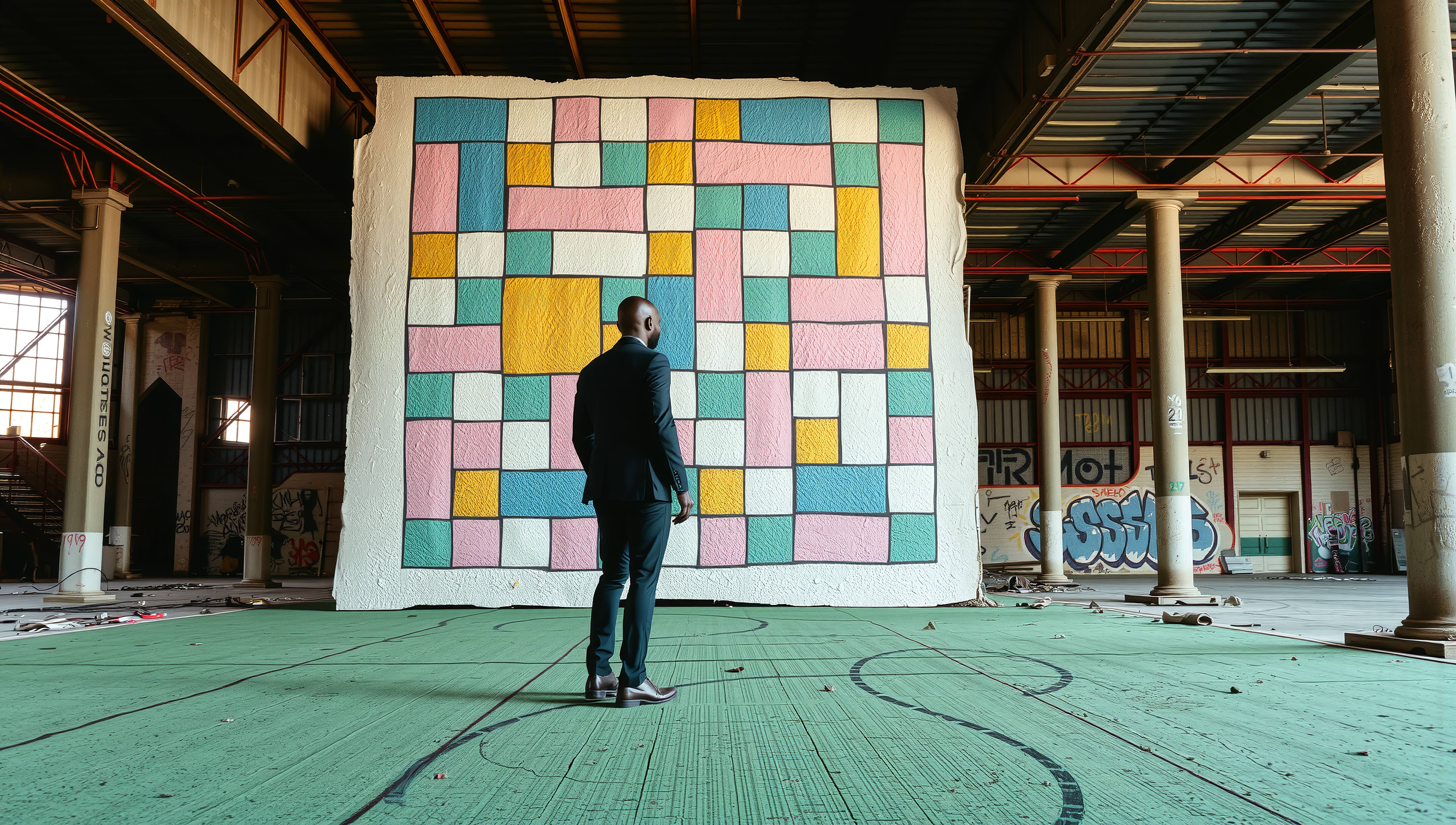A man in a suit observes a vibrant, geometric mural inside an abandoned warehouse with graffiti-covered walls.