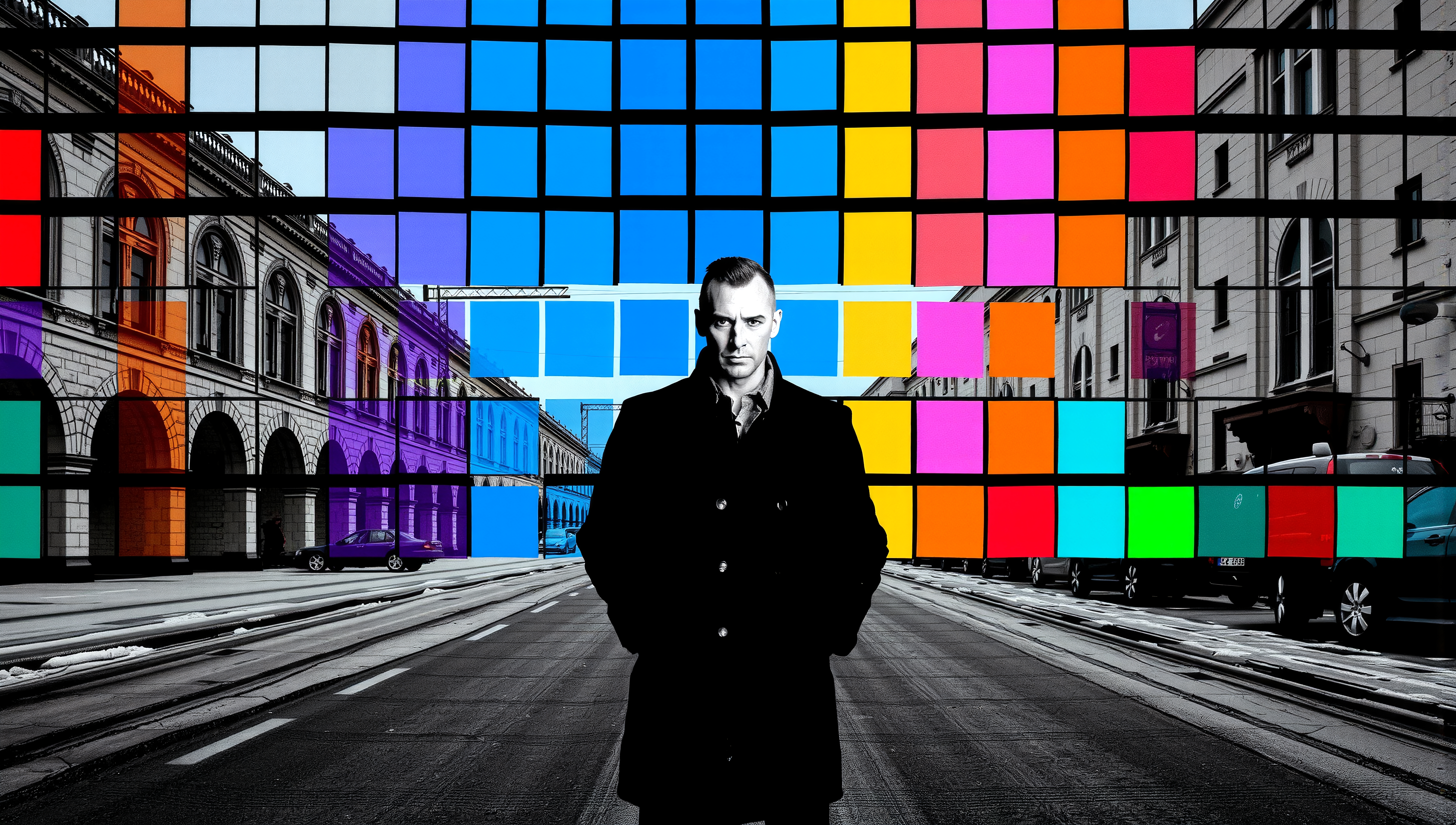 Man stands in city with colorful overlay grid.