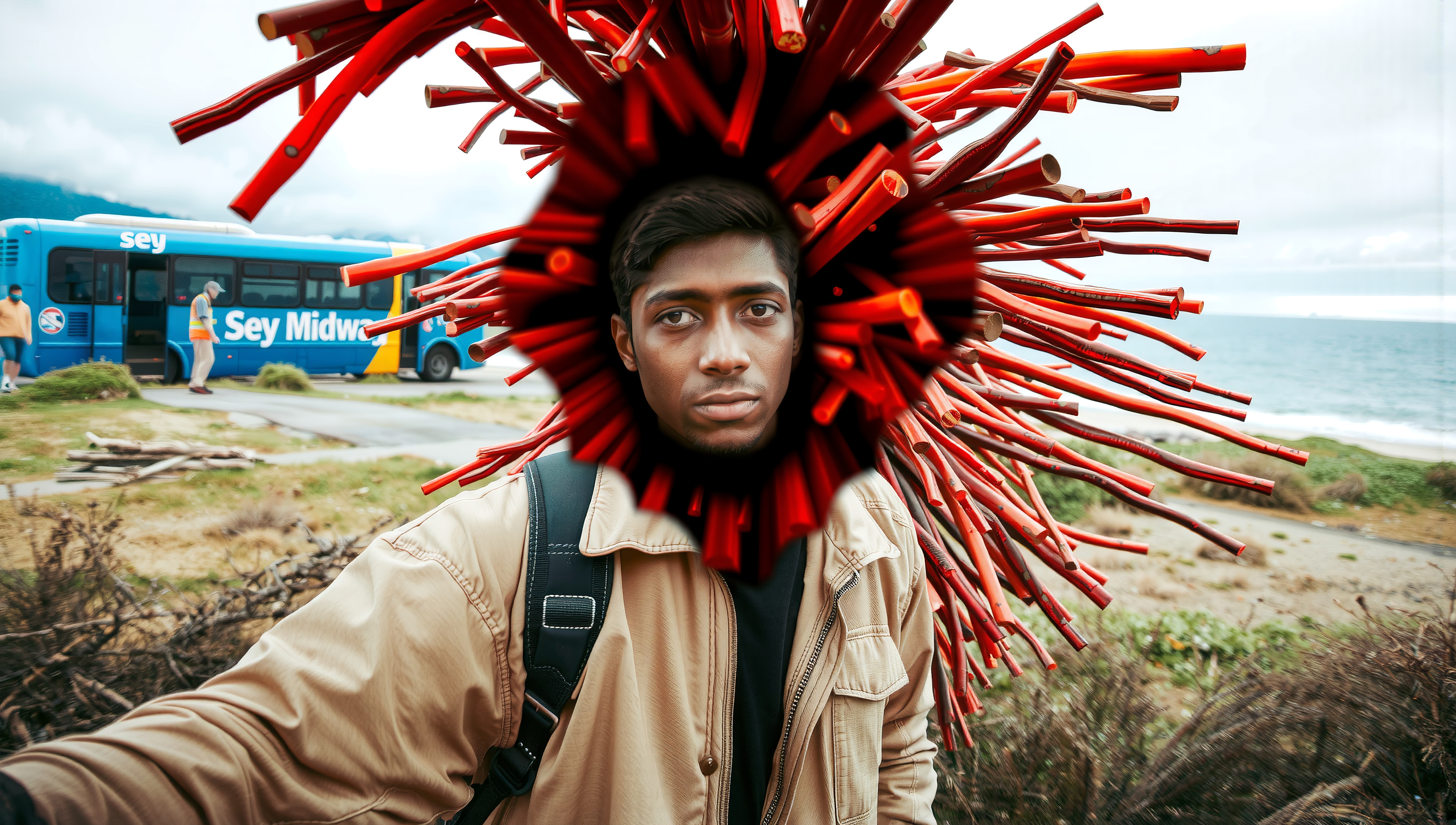 Young individual with red halo-like structure in front of ocean and bus.