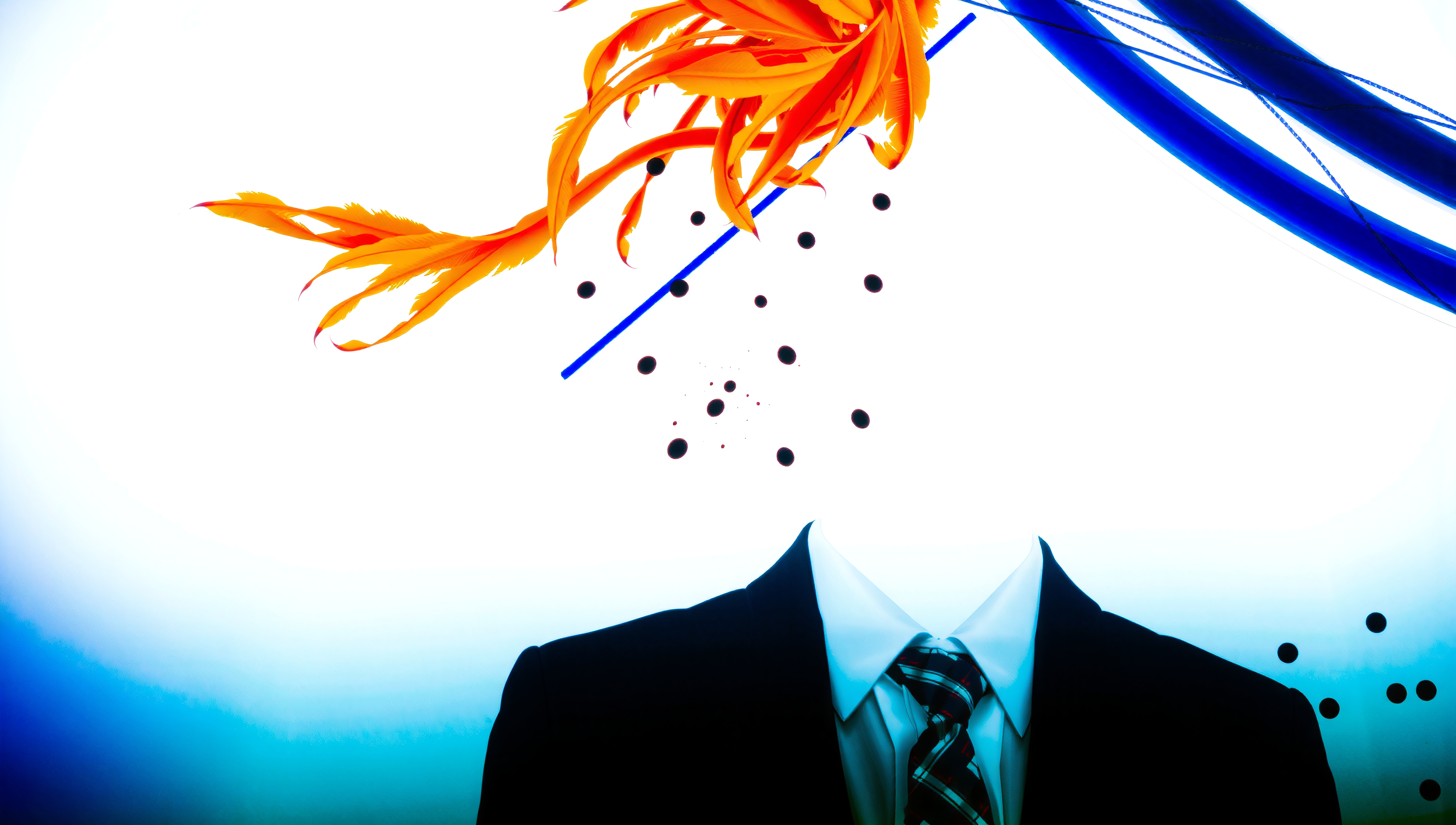 A surreal image of a black suit with a vibrant explosion of orange feathers and blue elements on a white background, blending formal and natural elements artistically.