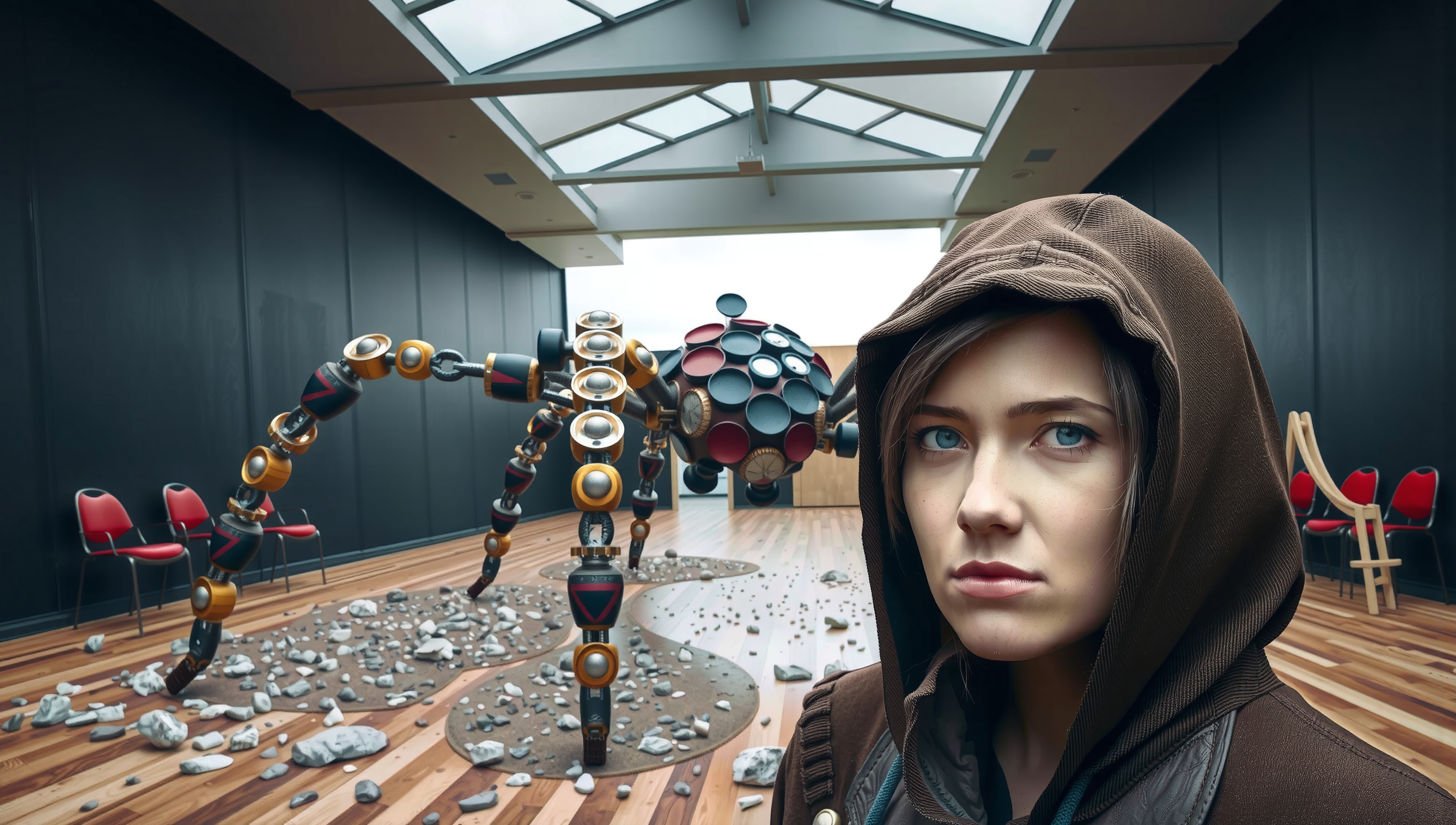 A woman stands in a modern room with a futuristic robotic sculpture.