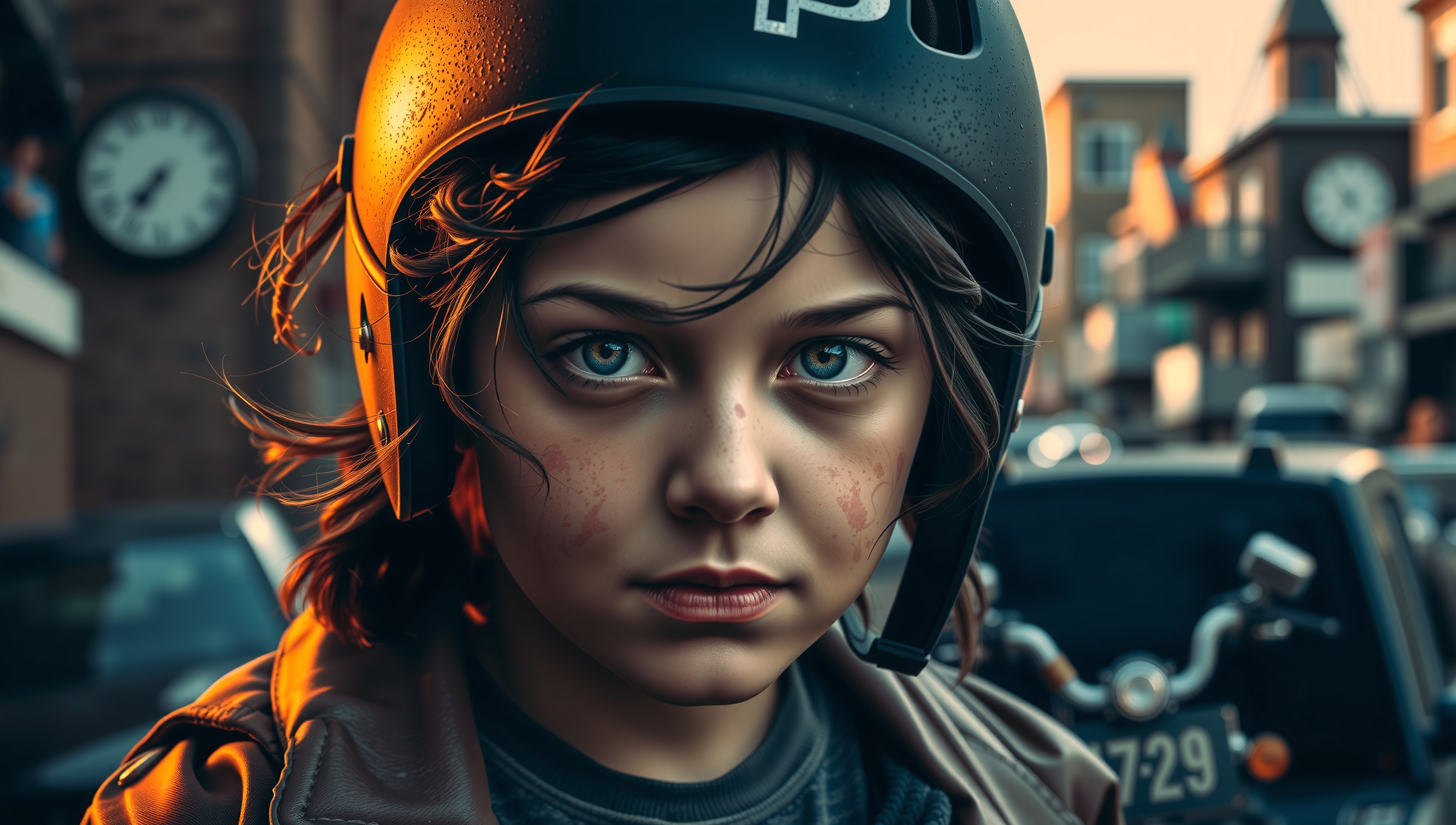 Portrait of child wearing helmet on urban street.