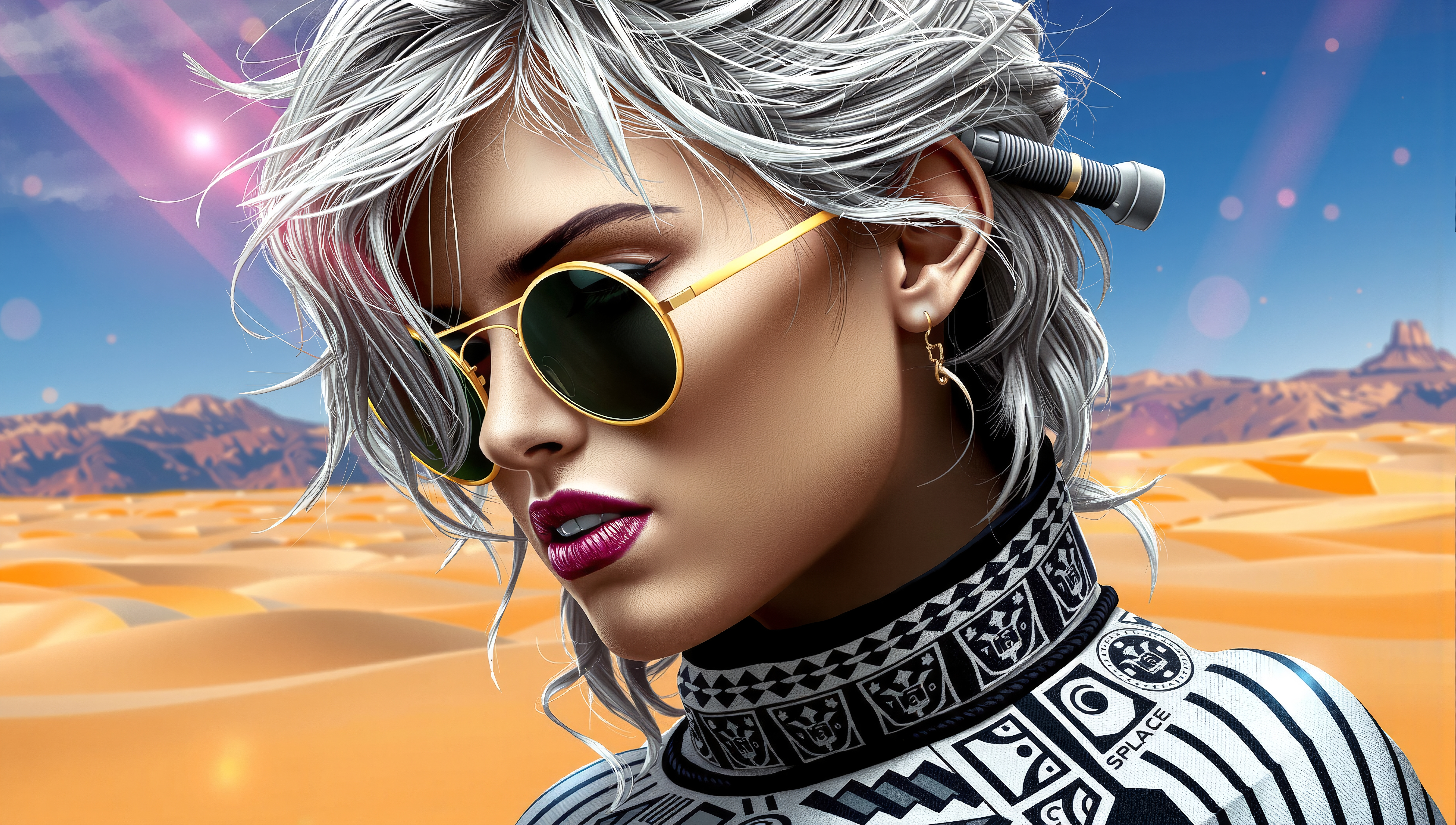 A stylish woman with silver hair wearing sunglasses poses in a bright desert landscape.