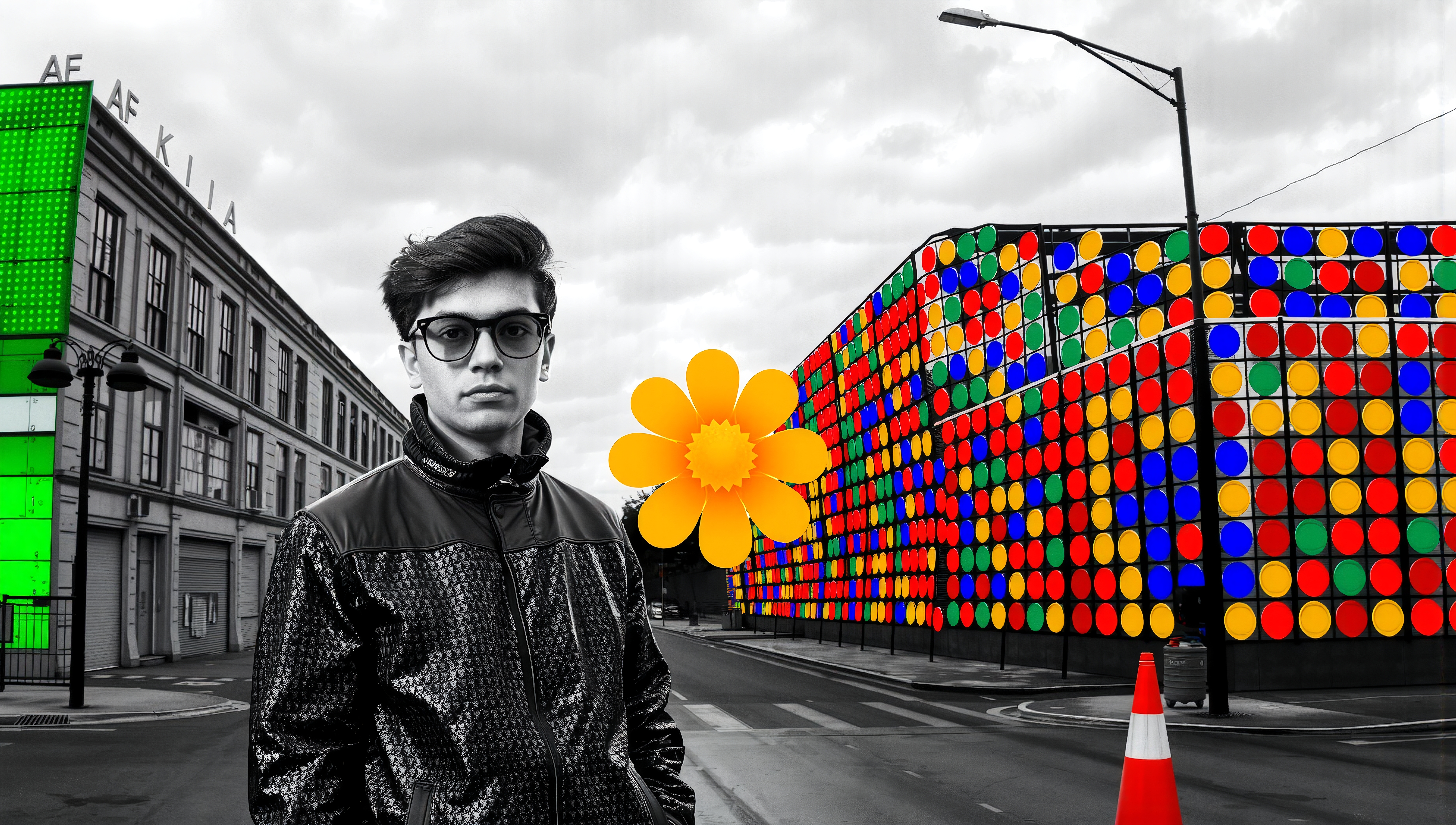 Young man in glasses standing on a colorful urban street with artistic elements and dramatic contrast between vibrant colors and grayscale background.