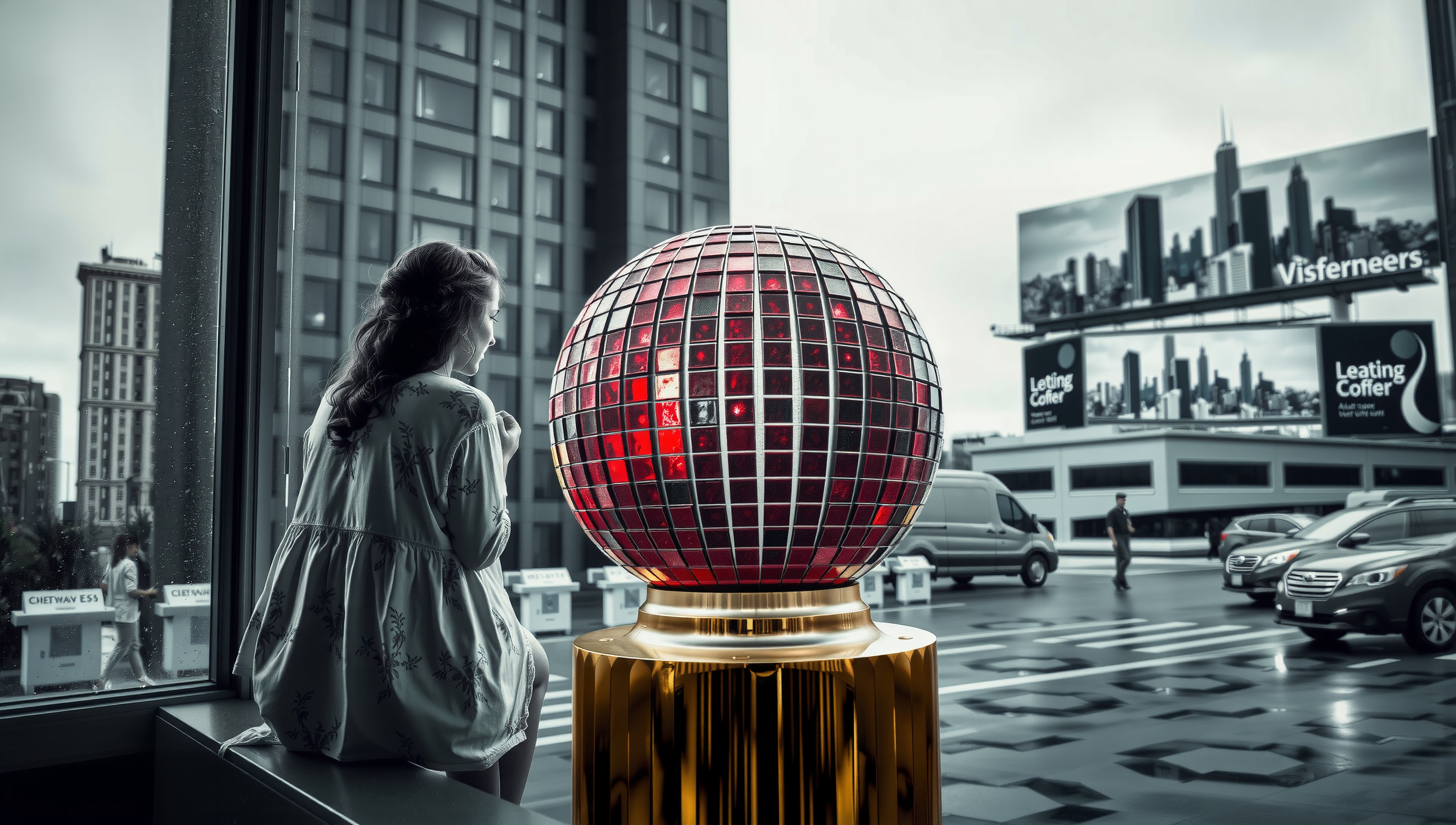 Woman observing city through window with large red globe sculpture.