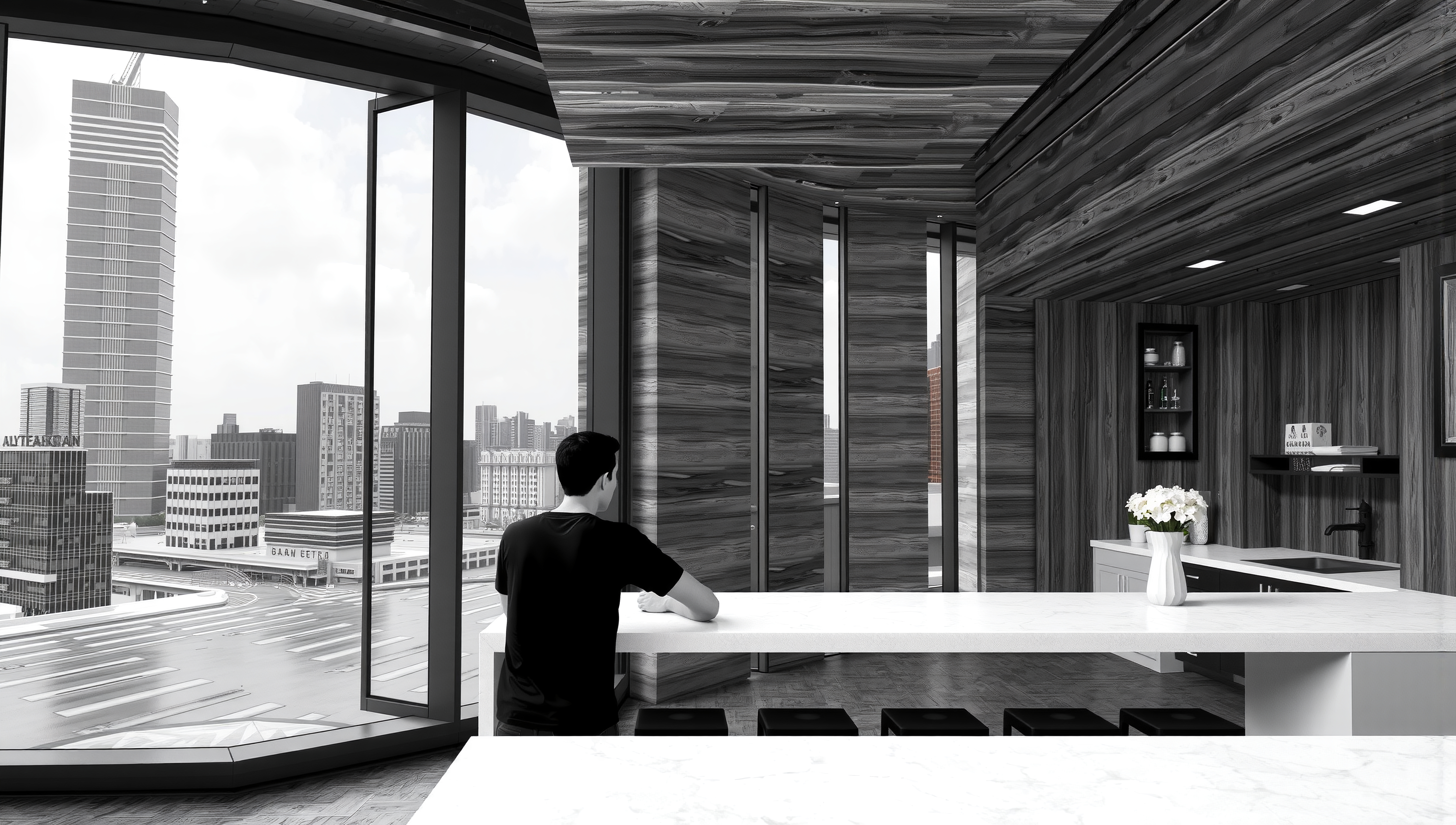 Modern kitchen interior with cityscape view through large windows, featuring marble countertops and dark wood paneling.