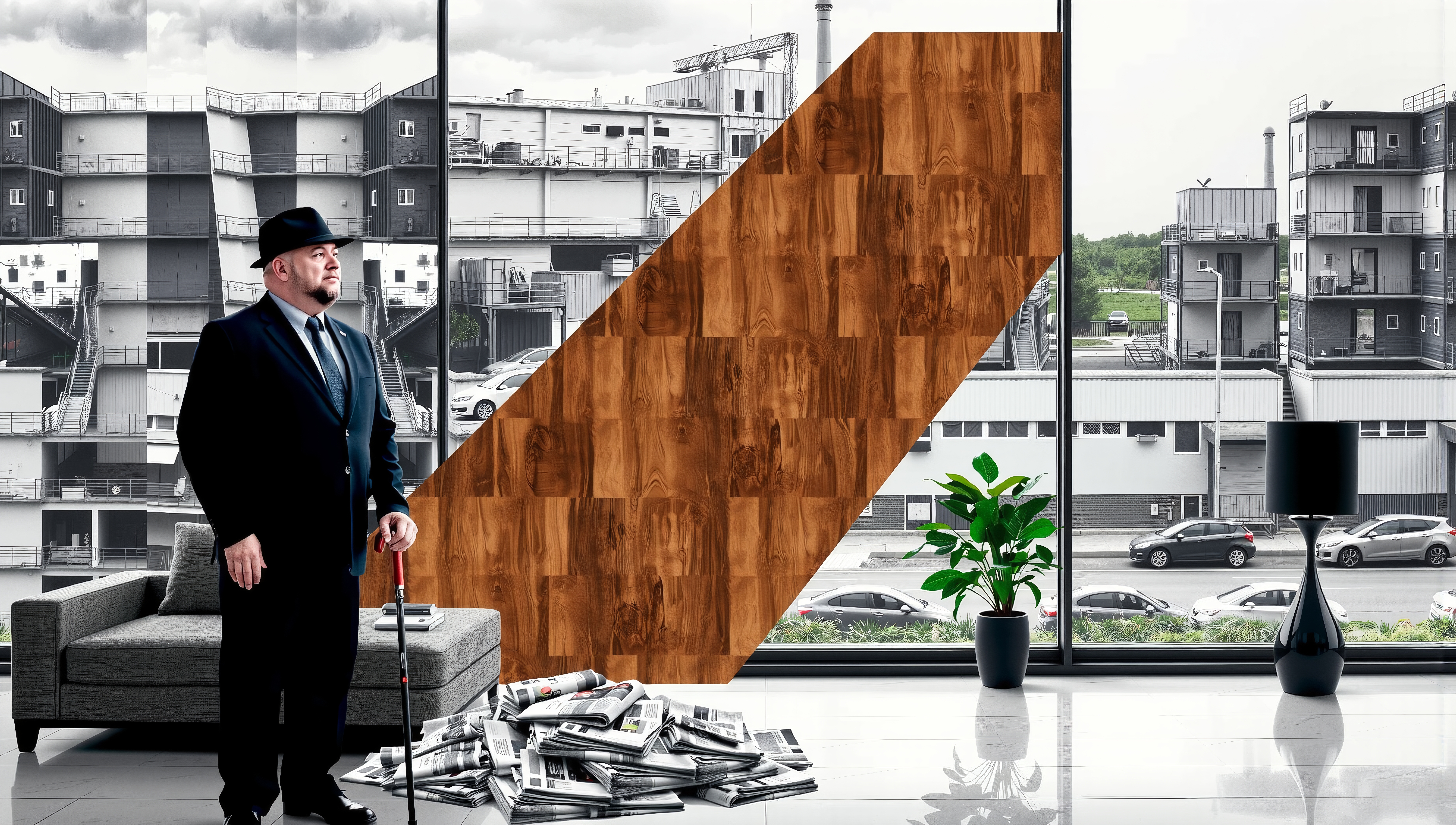 A man in a suit stands in a modern room with large windows showing an industrial cityscape.